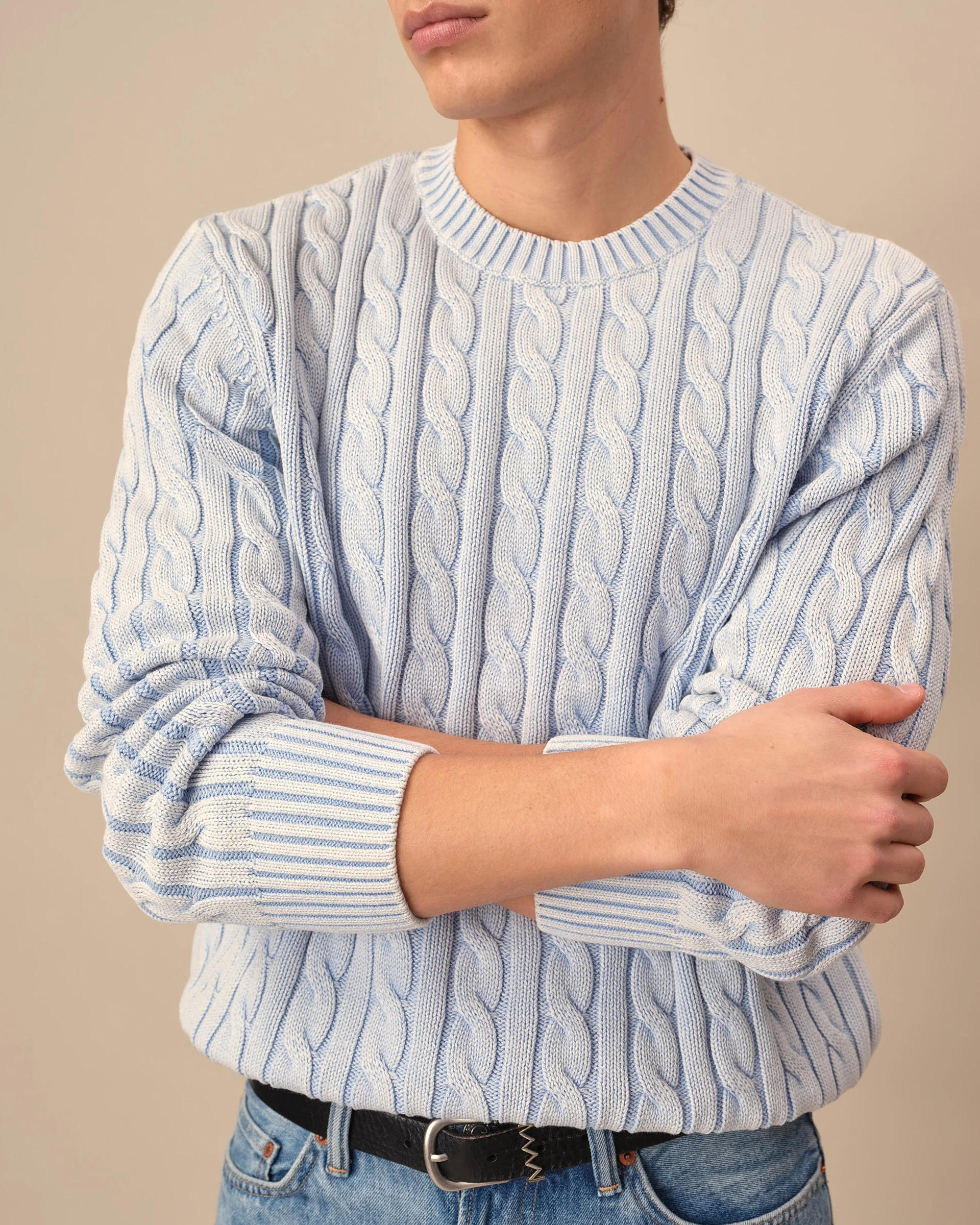 Acid Washed Cotton Cable Knit Sweater Light Blue - Image 3