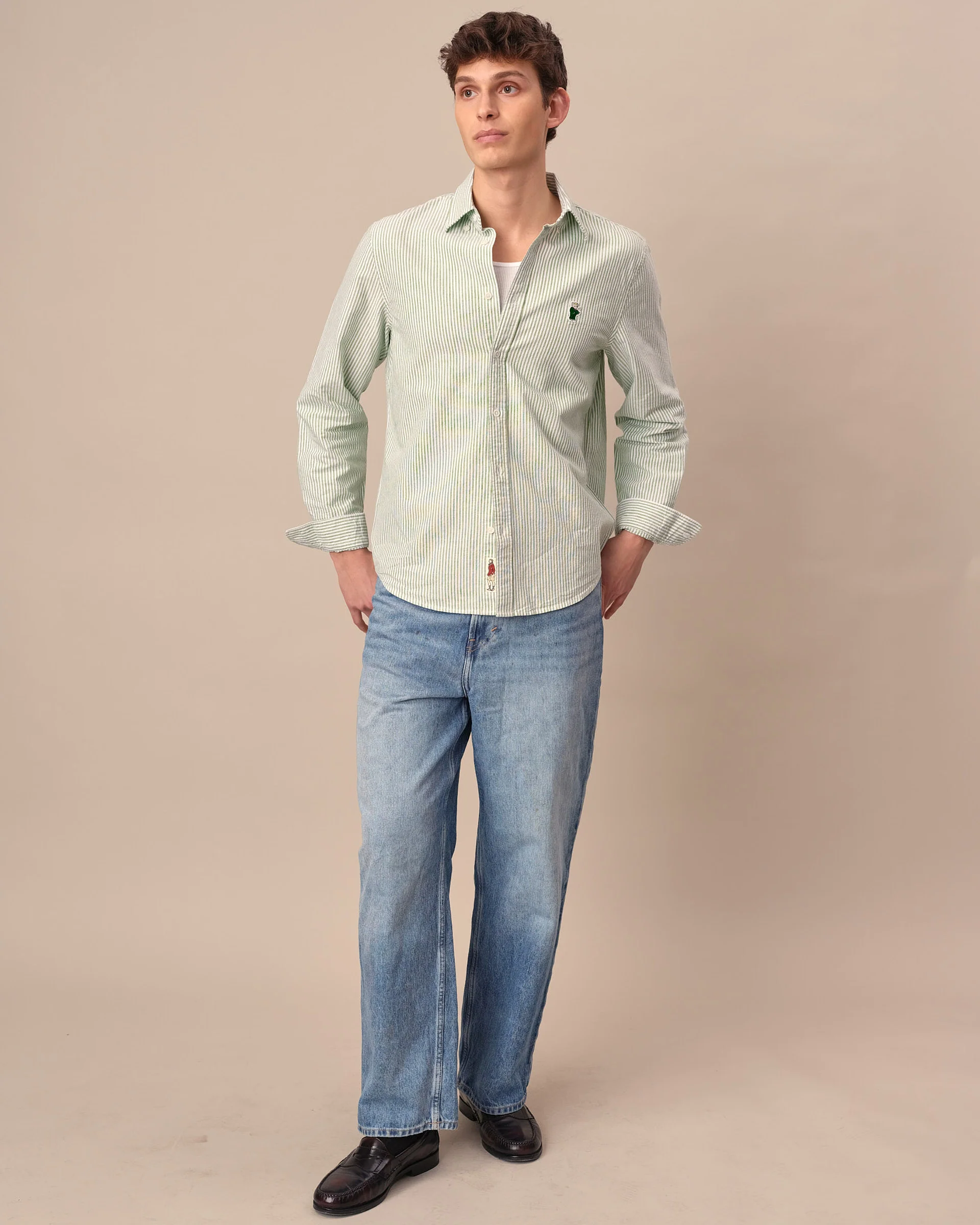 Men's Babar Long Sleeve Classic Fit Striped Oxford Shirt Green / White University Stripe - Image 3