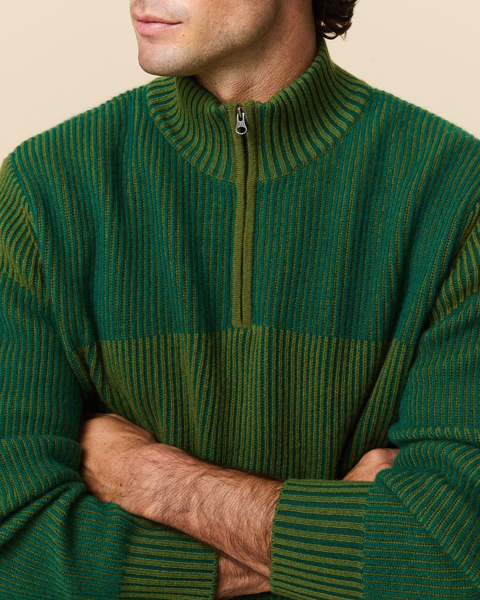 Cashmere Quarter Zip Ottoman Rib Sweater Green - Image 4