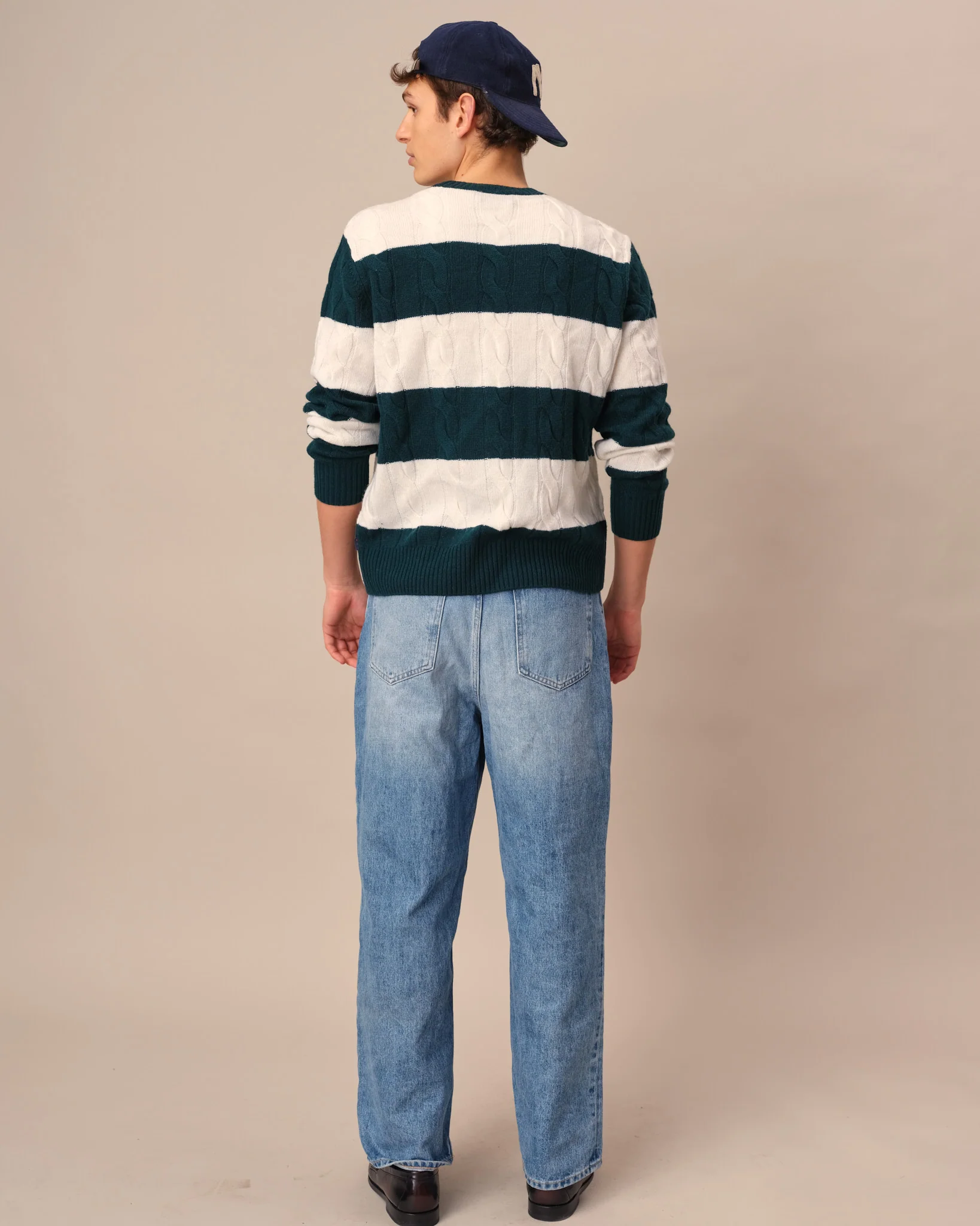 Cashmere Rugby Stripe Cable Knit Sweater Green/Cream Stripe - Image 3