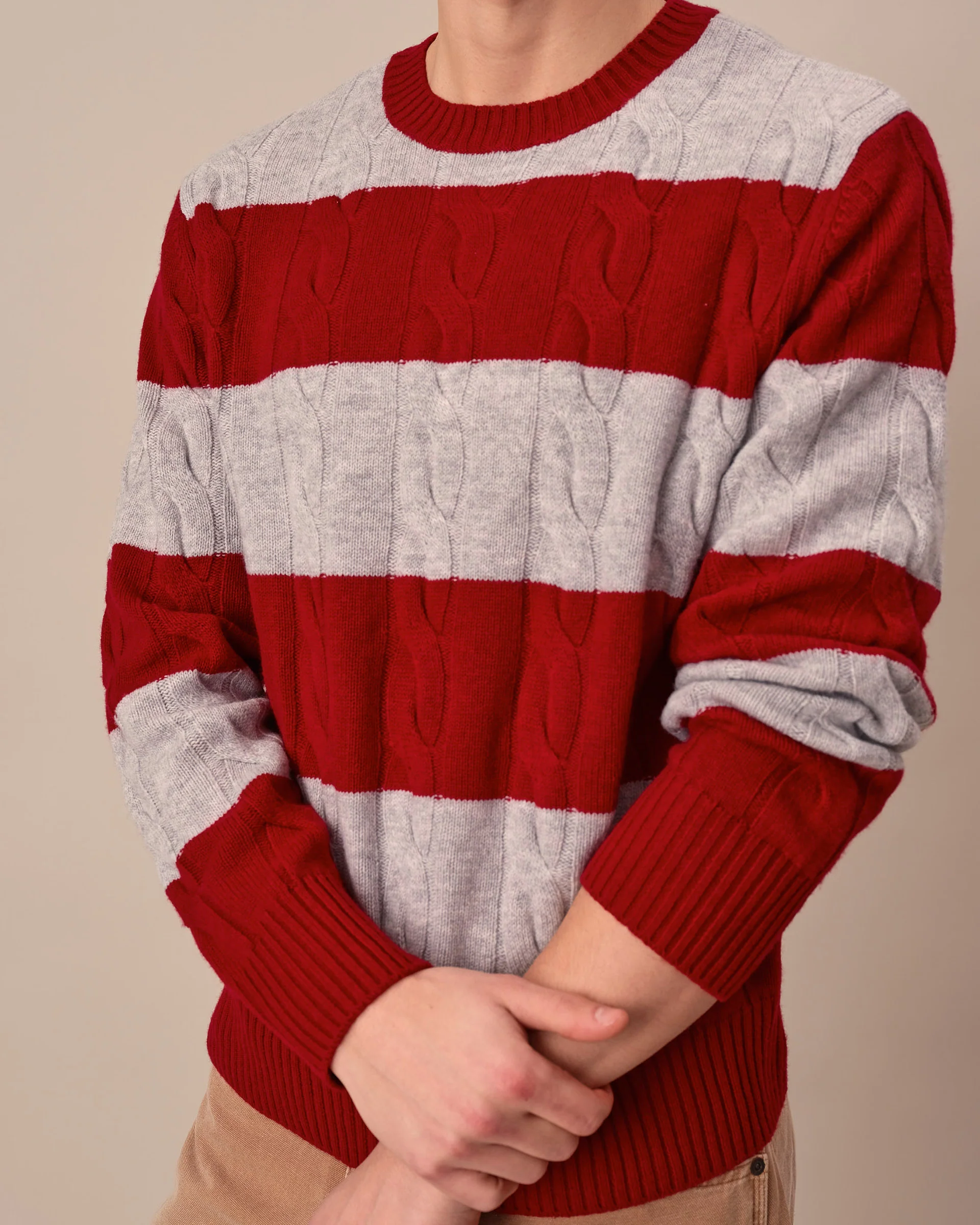 Cashmere Rugby Cable Knit Sweater Red/Grey Heather Stripe - Image 3