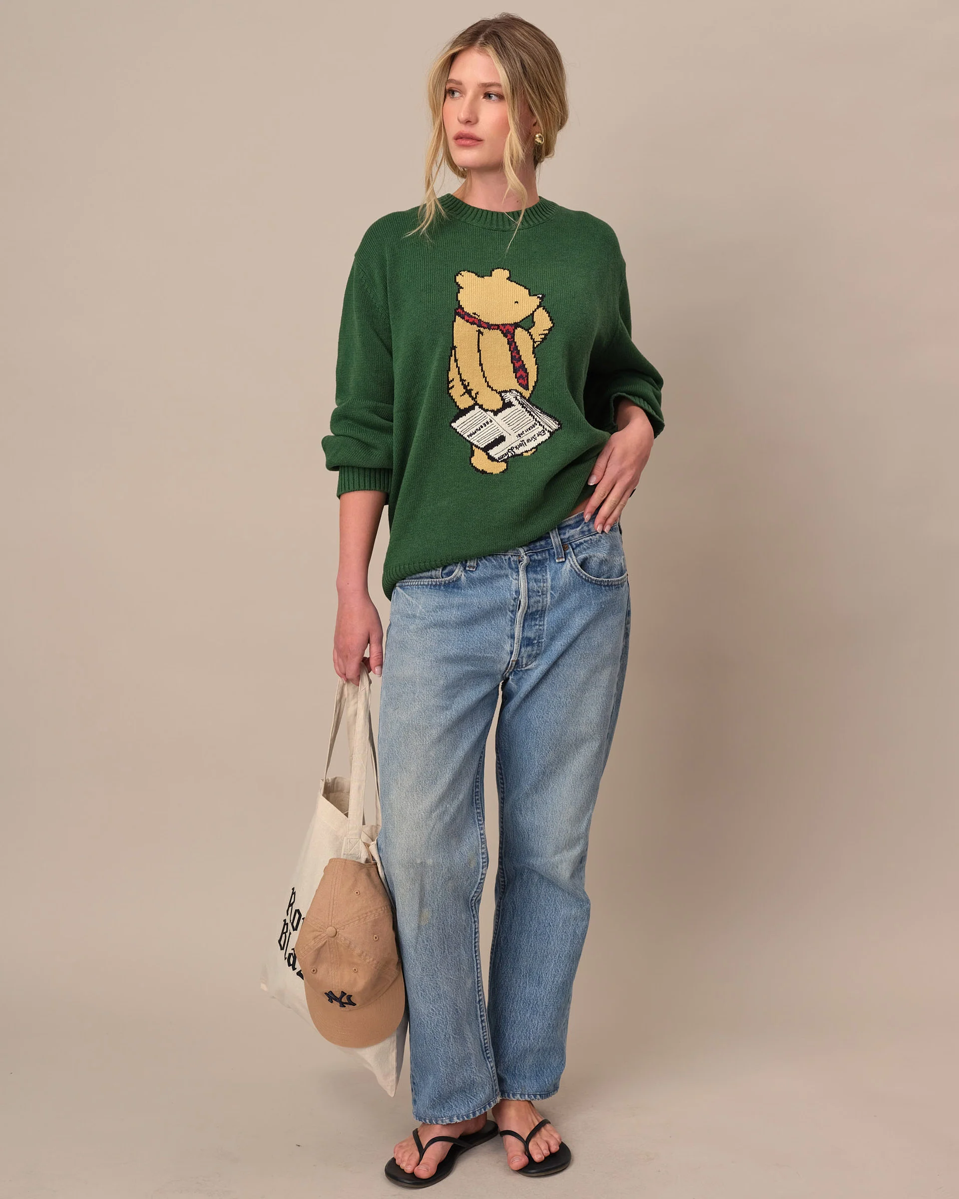 Cotton Linen New Yorker Winnie-the-Pooh Sweater Green - Image 5
