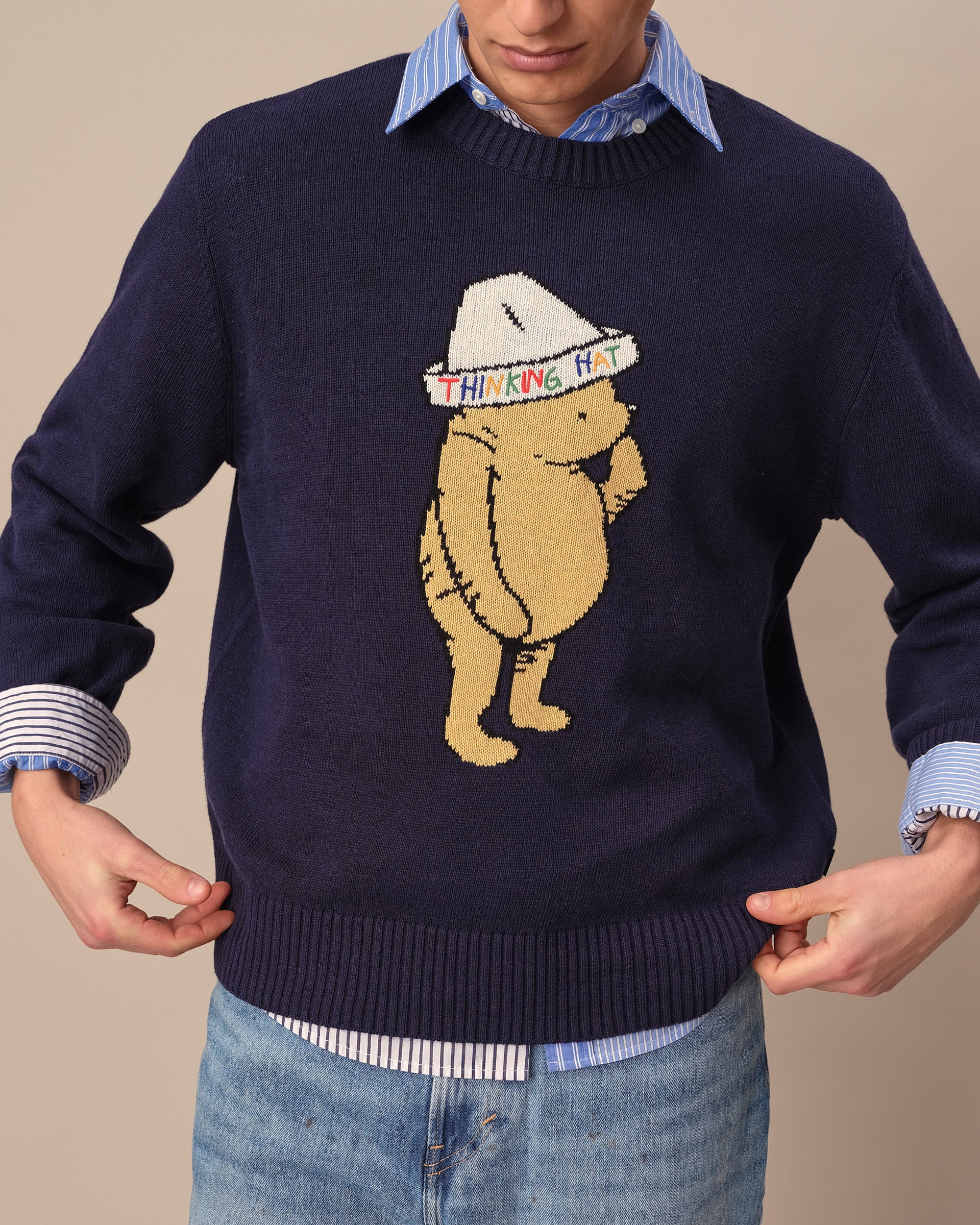 Cotton Linen Thinking Hat Winnie-the-Pooh Sweater Navy - Image 3