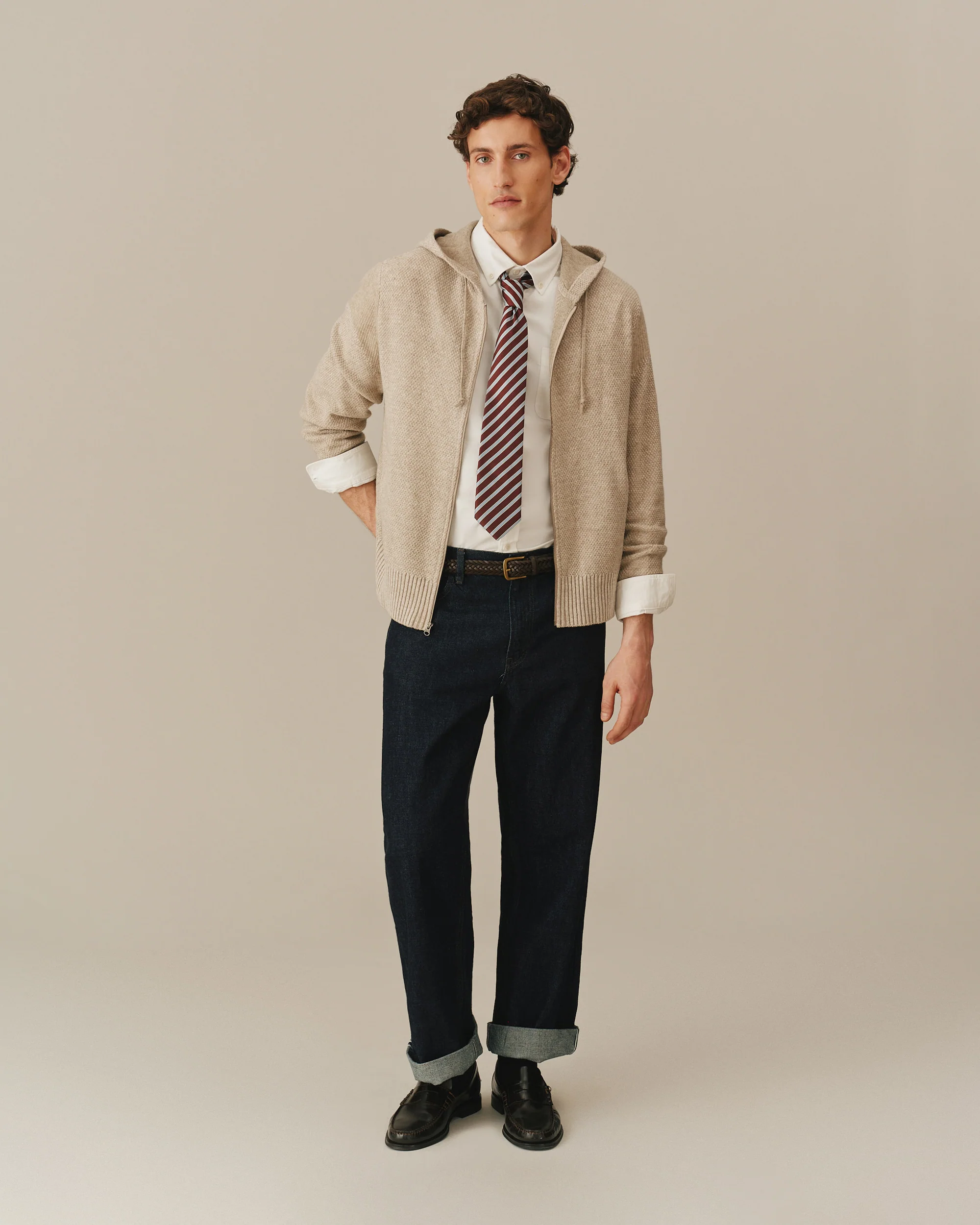 Men's Full Zip Cashmere Hoodie Beige