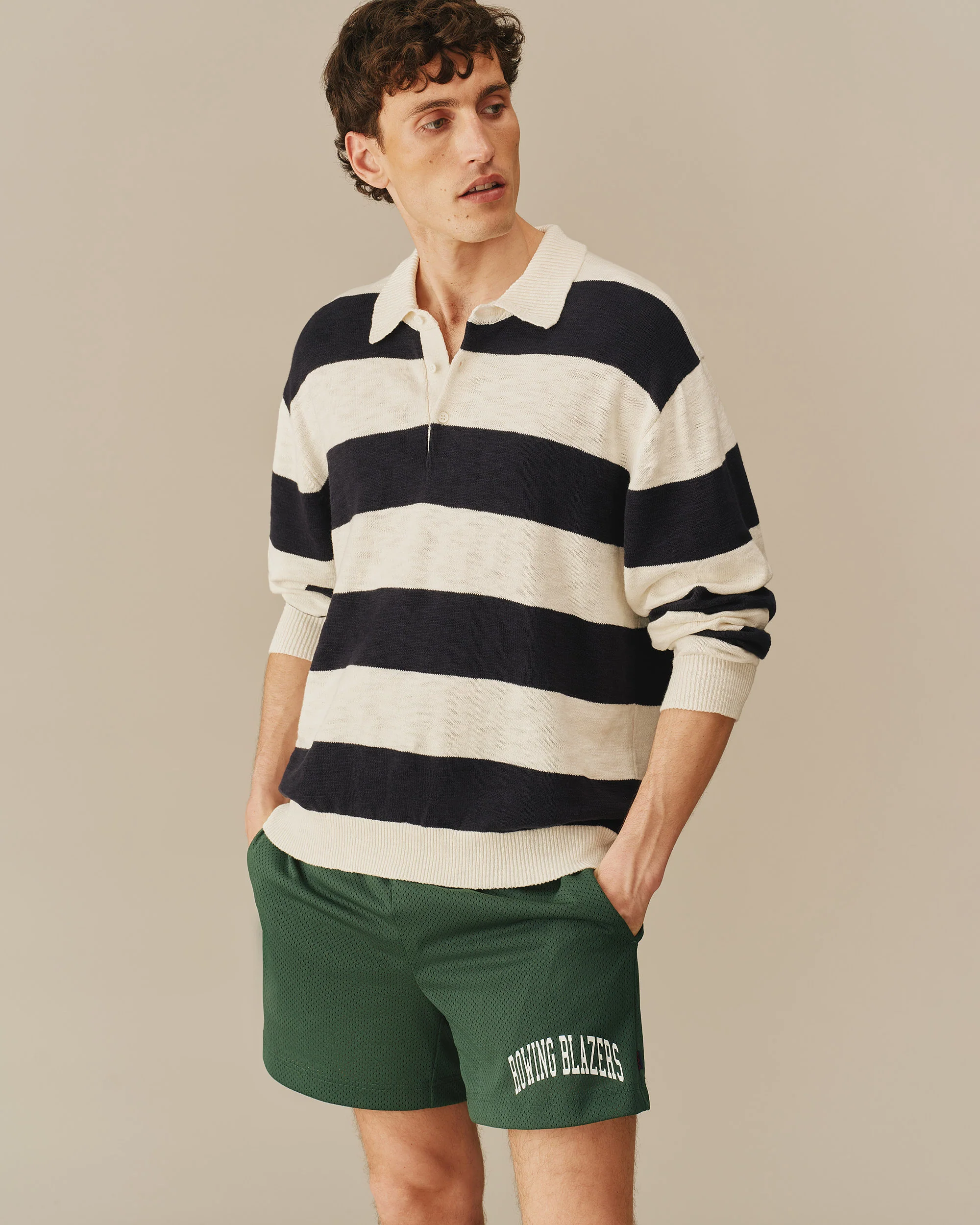 Relaxed Cotton Slub Rugby Sweater Navy & White - Image 3