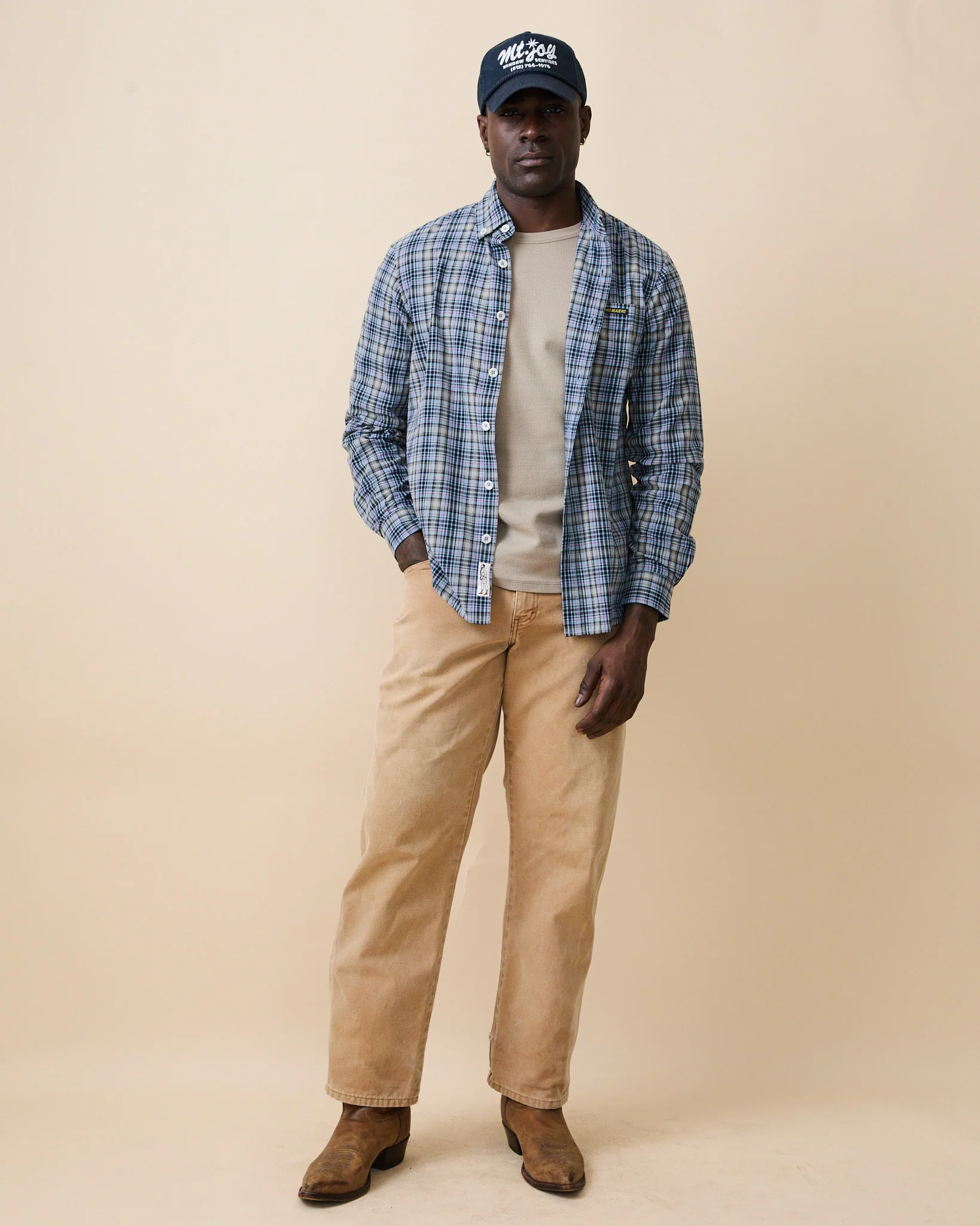 Men's Spring Plaid Shirt Blue Cotton Plaid - Image 5
