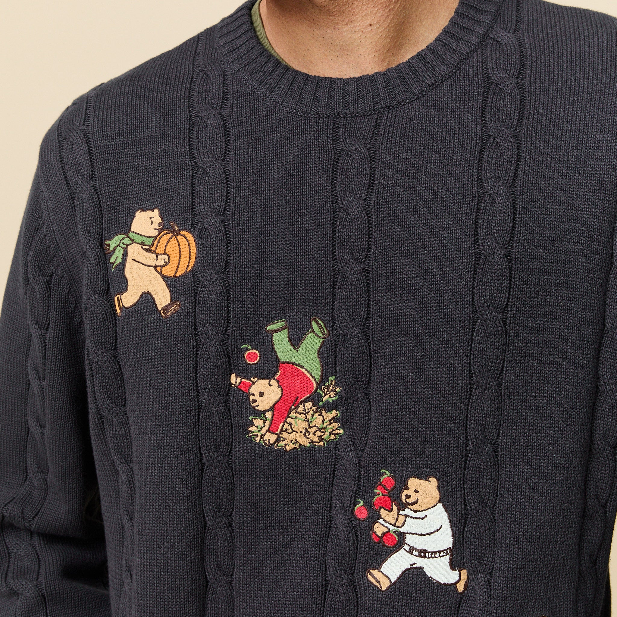 Cotton Cable Autumn Bears Sweater Navy - Image 3