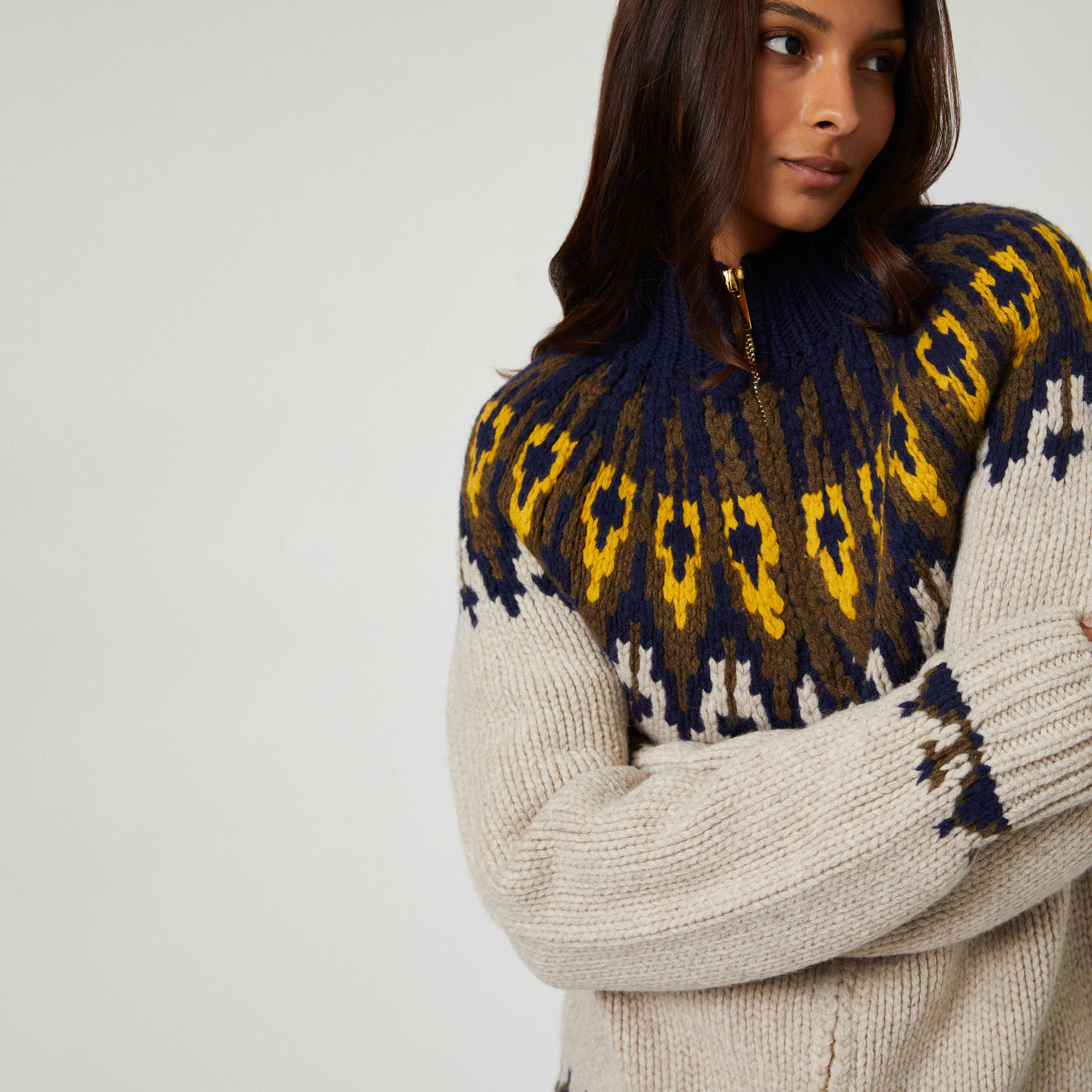 Wool Fairisle Zip Up Jacket Oatmeal - Image 5