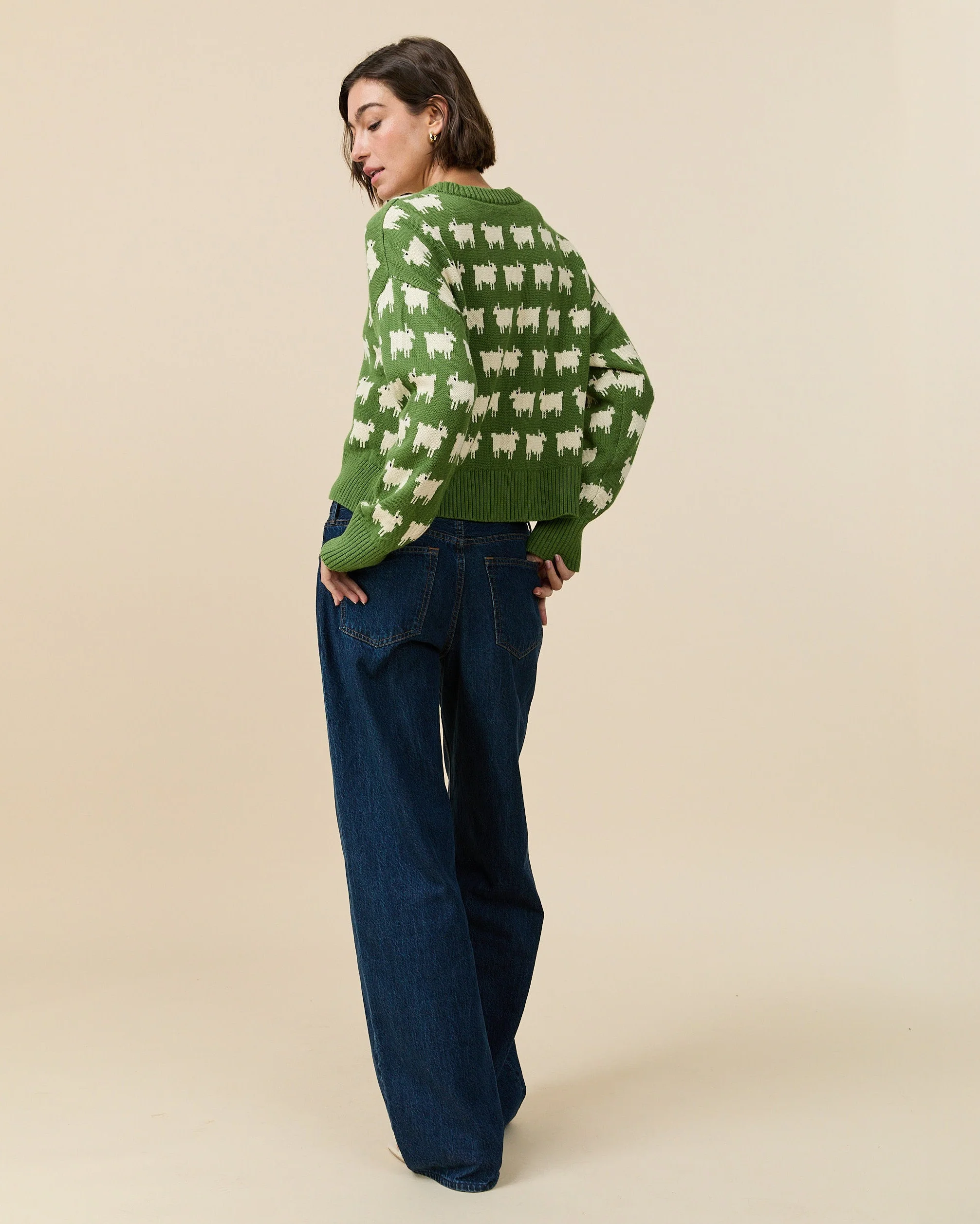 Warm & Wonderful "Diana Edition" Cotton Linen V-Neck Sheep Sweater Green - Image 3