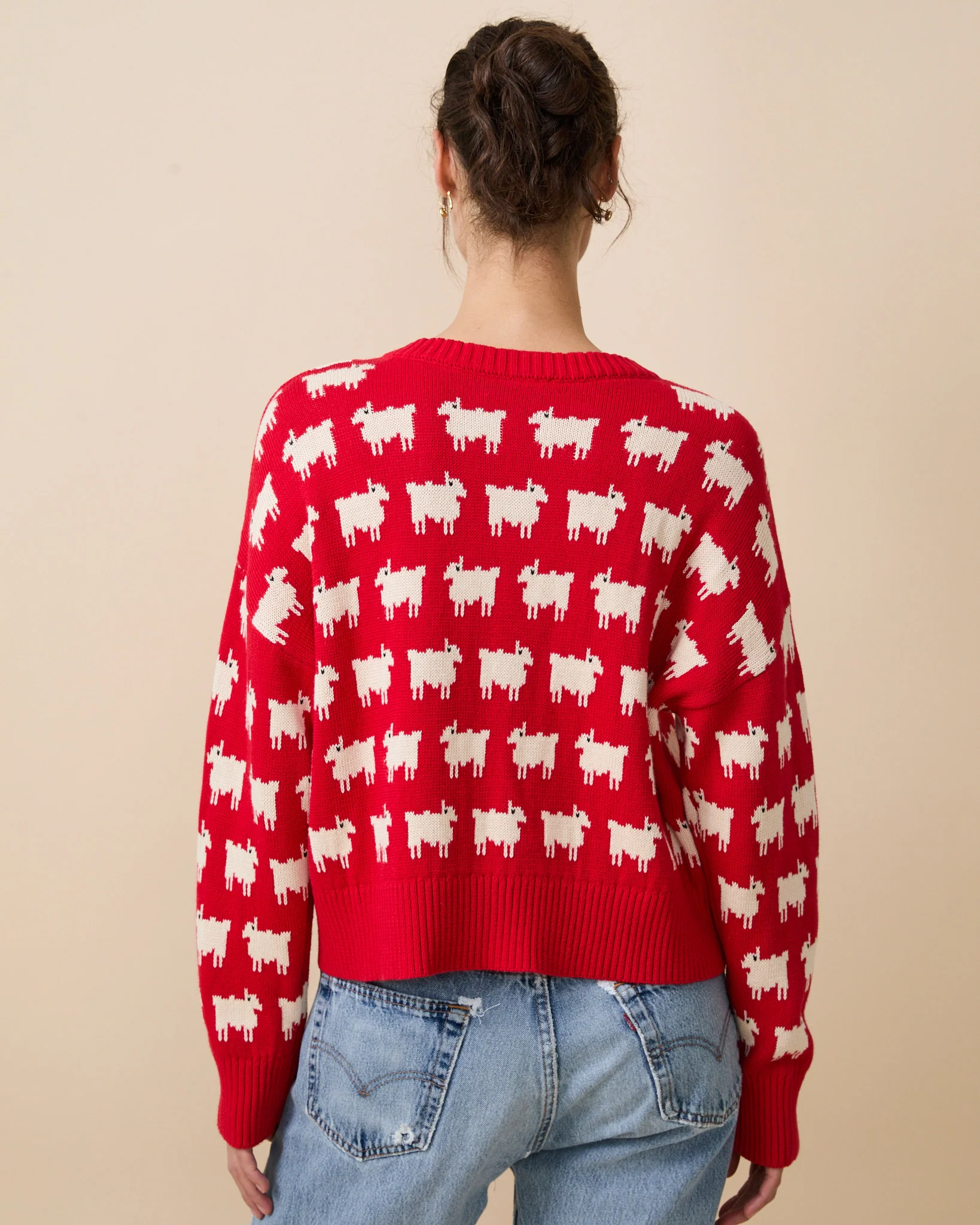 Warm & Wonderful Diana Edition Cotton Linen V-Neck Sheep Sweater Red - Image 3