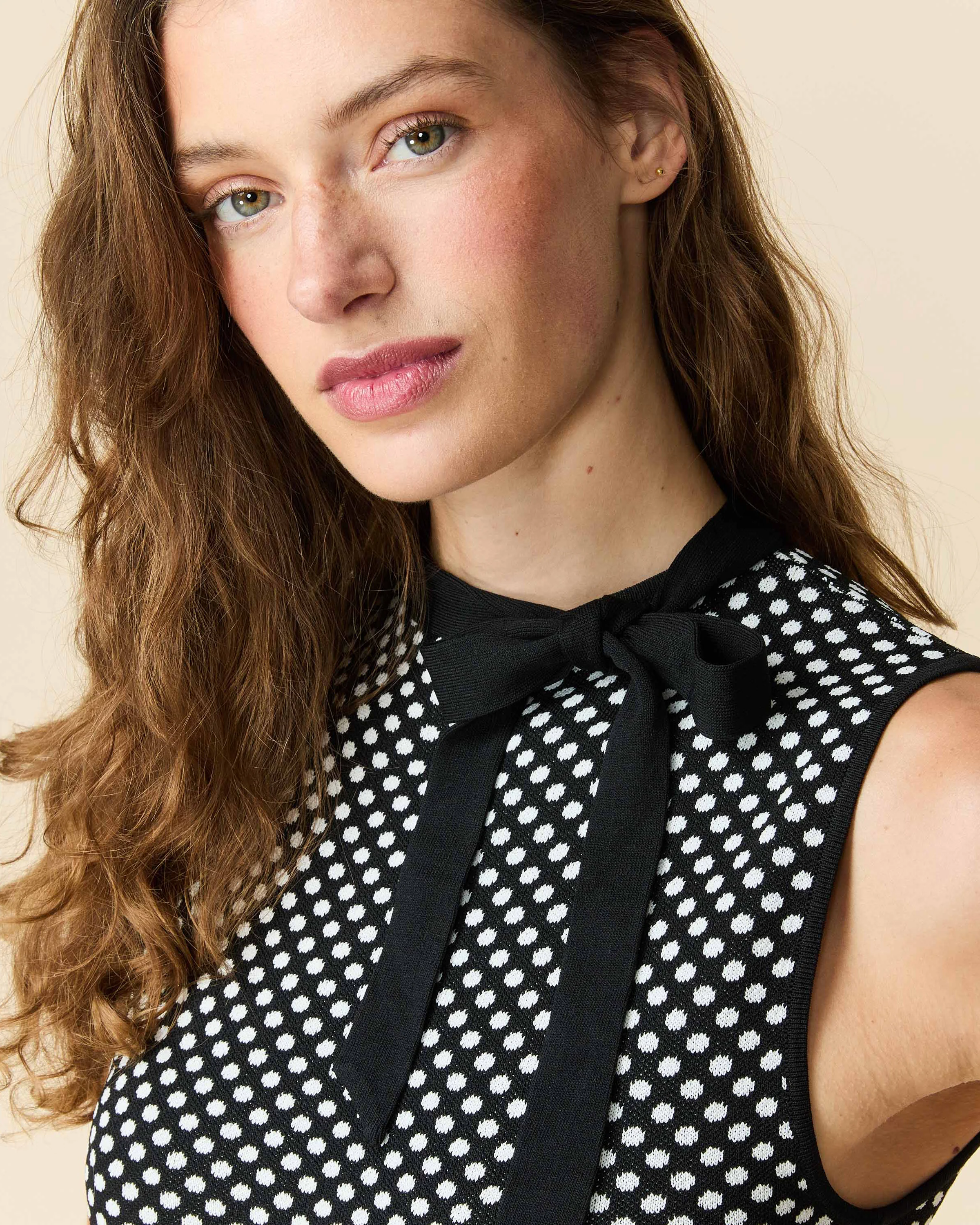 Women's Bow Neck Drop Waist Dress Black Polka Dot - Image 3