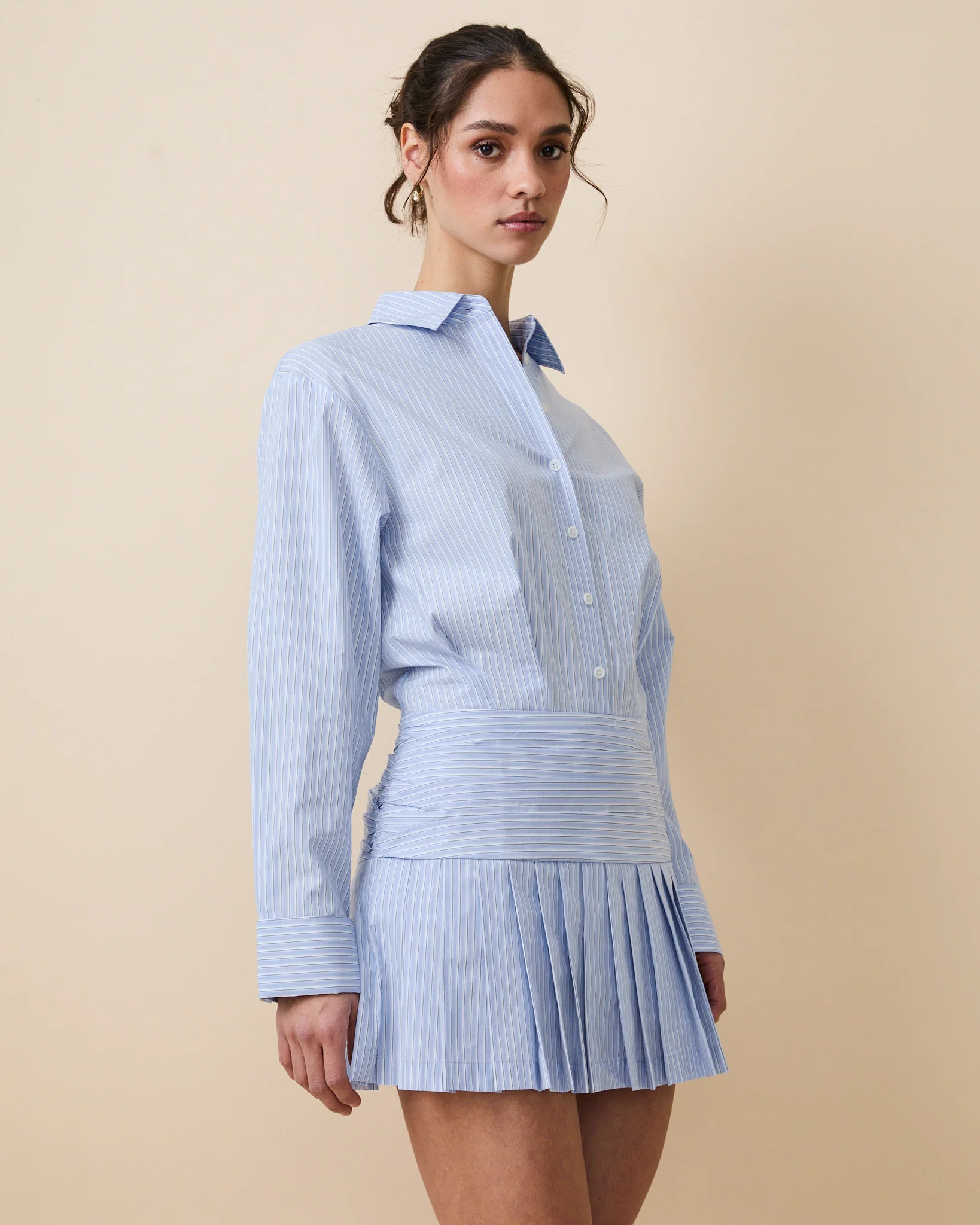 Women's Button Down Pleated Shirt Dress Blue - Image 7
