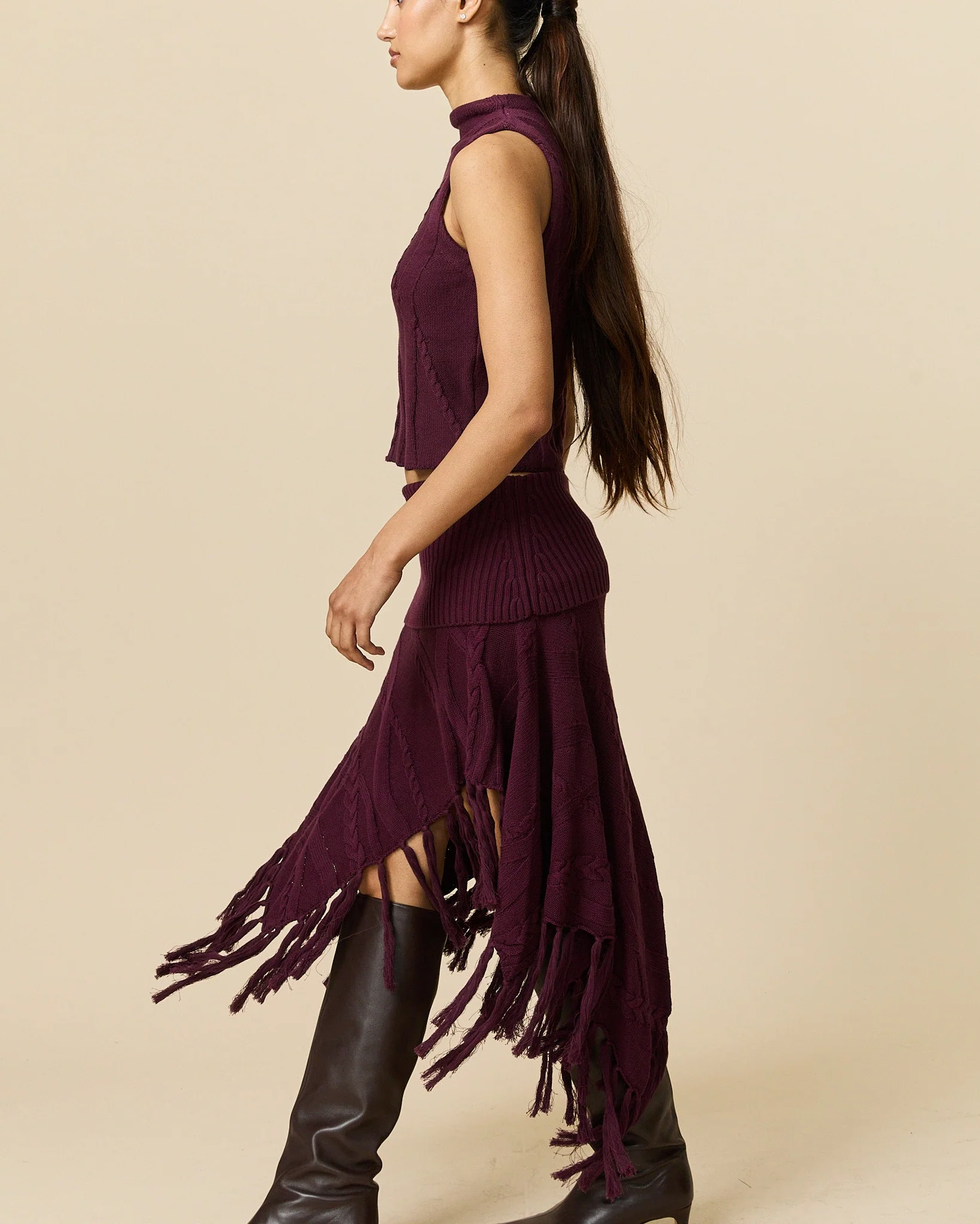 Women's Cotton Cable Fringe Skirt Wine - Image 4