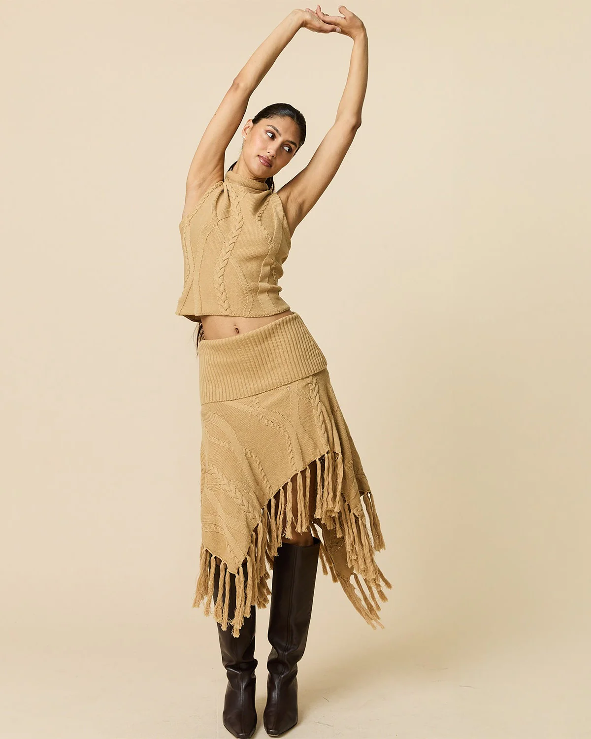 Women's Cotton Cable Fringe Skirt Camel - Image 6