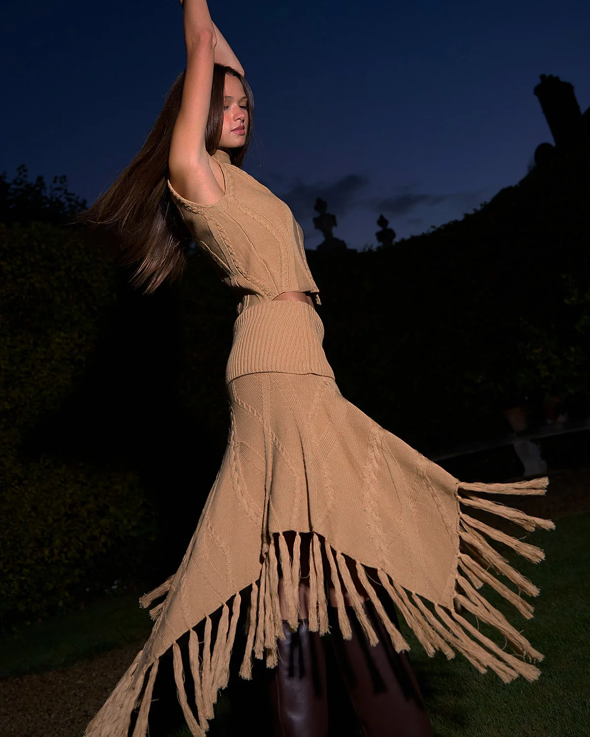 Women's Cotton Cable Fringe Skirt Camel - Image 7