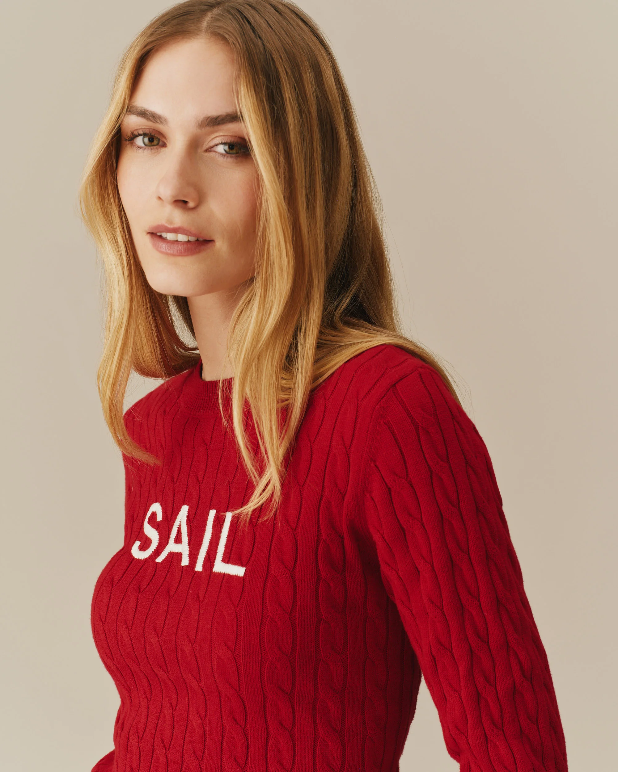 Cotton Crew Cable Knit Sweater Red - Image 5