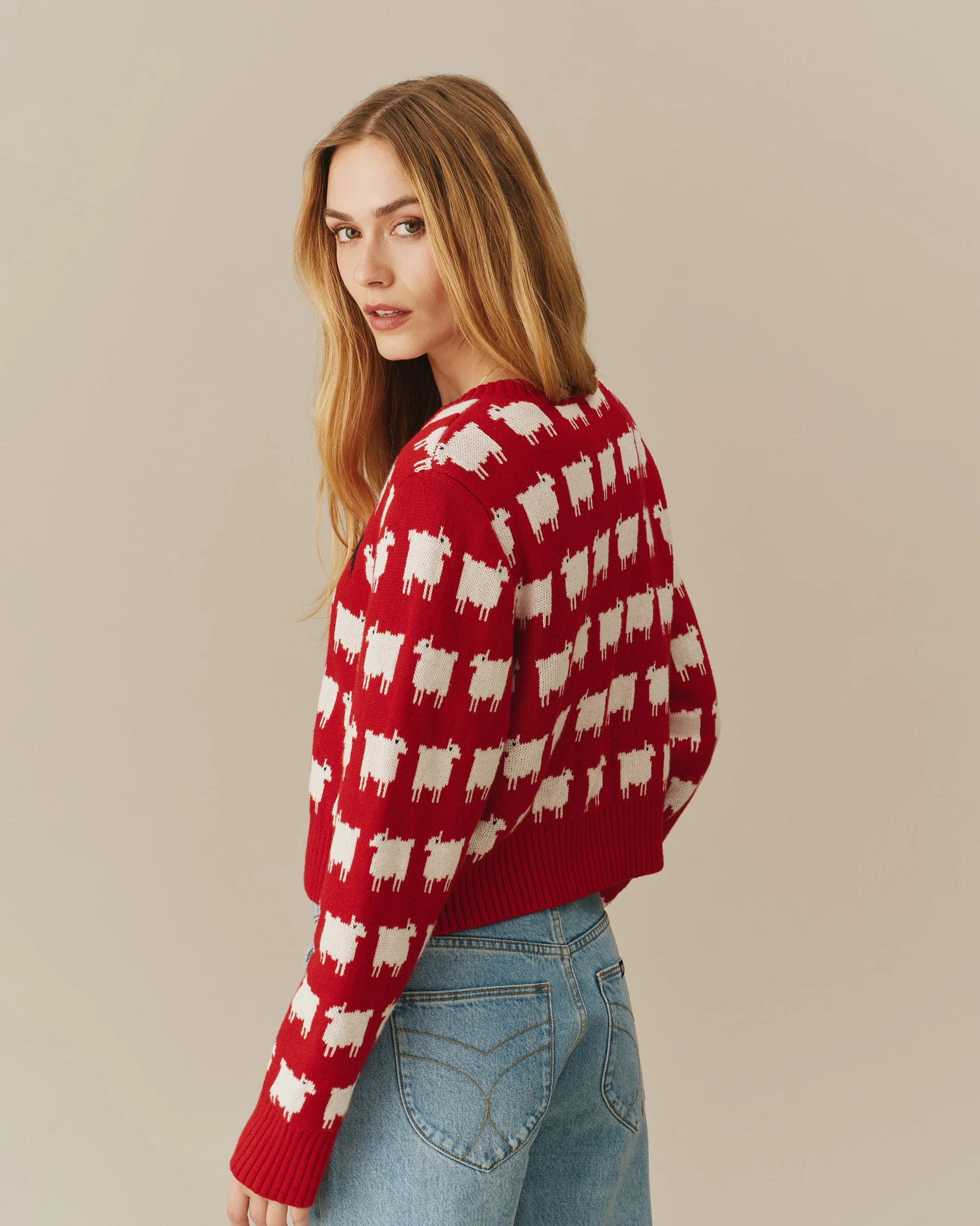 Warm & Wonderful Cotton Linen Cropped Sheep Cardigan Red - Image 4