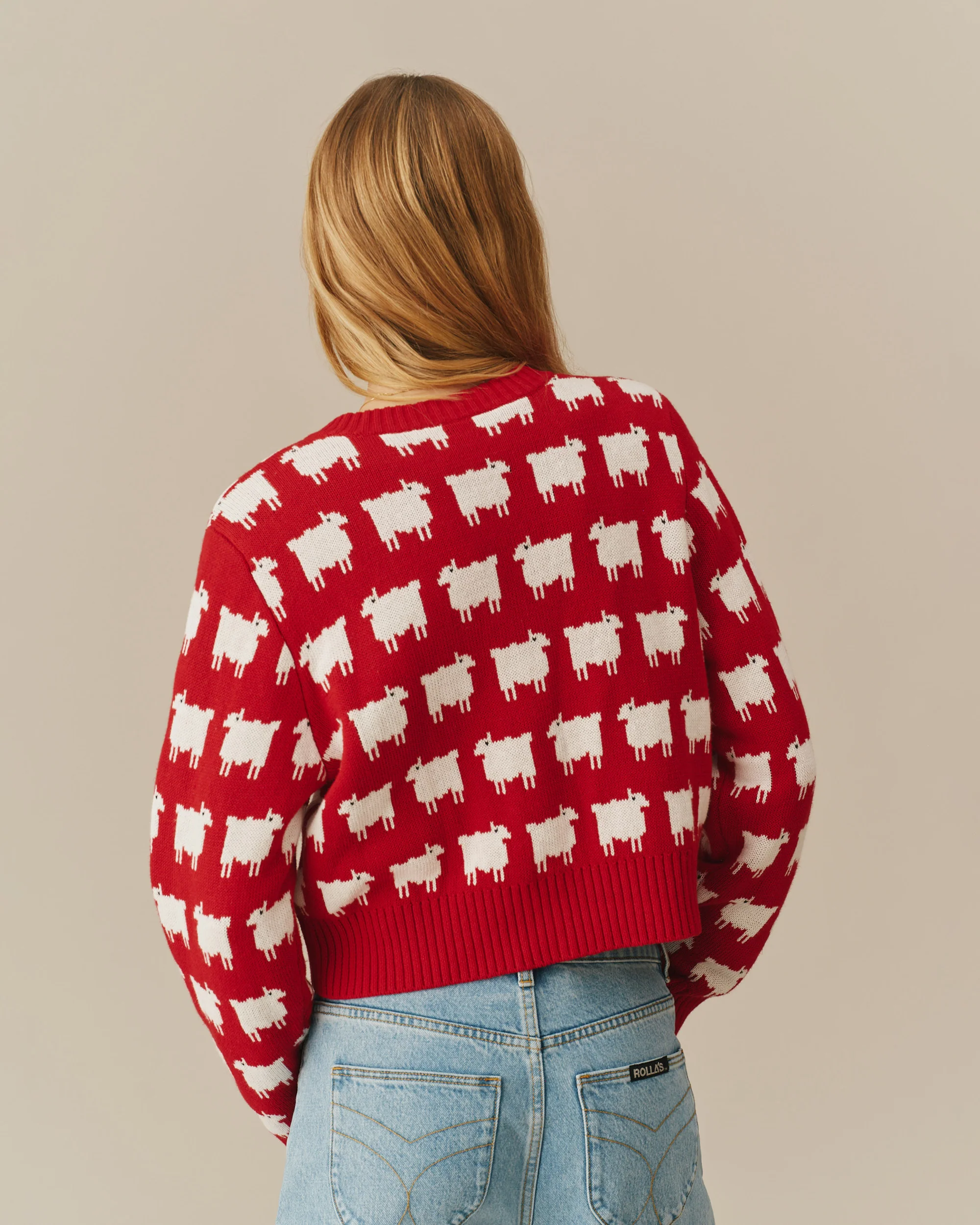 Warm & Wonderful Cotton Linen Cropped Sheep Cardigan Red - Image 5