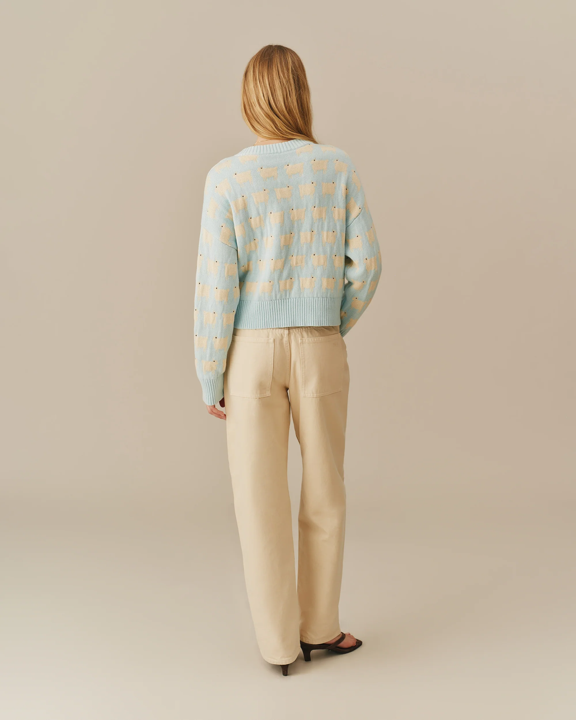 Warm & Wonderful Cotton Linen V-Neck Sheep Sweater Blue - Image 3
