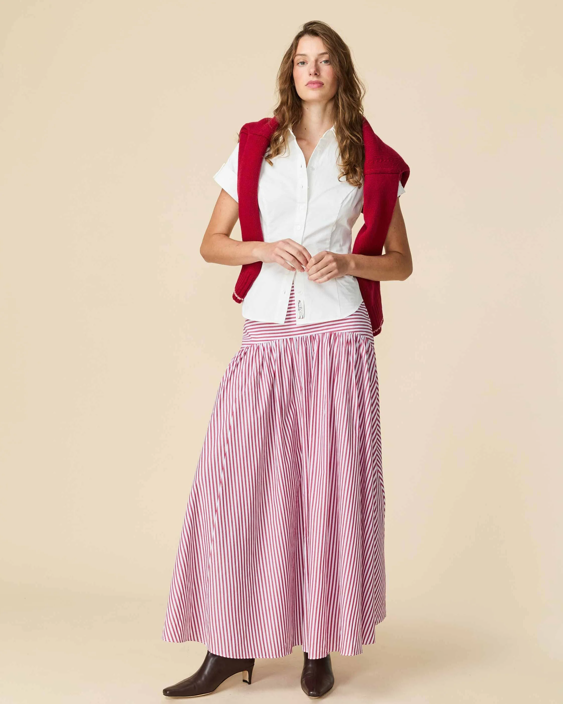 Women's Cotton Poplin Pinstripe Skirt Red Stripe - Image 6