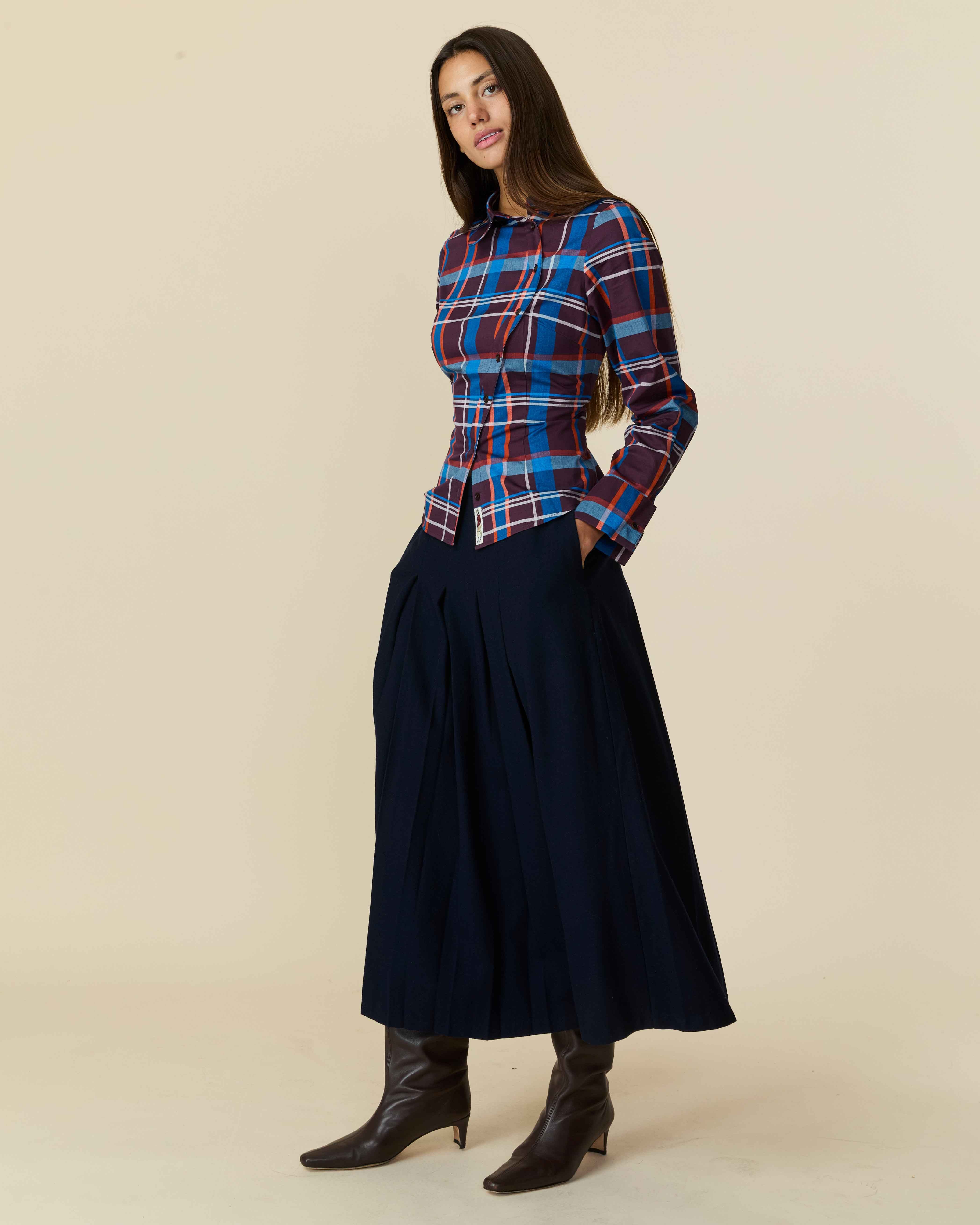 Women's Cotton Poplin Plaid Asymmetrical Button Down Blue Brown Plaid - Image 4