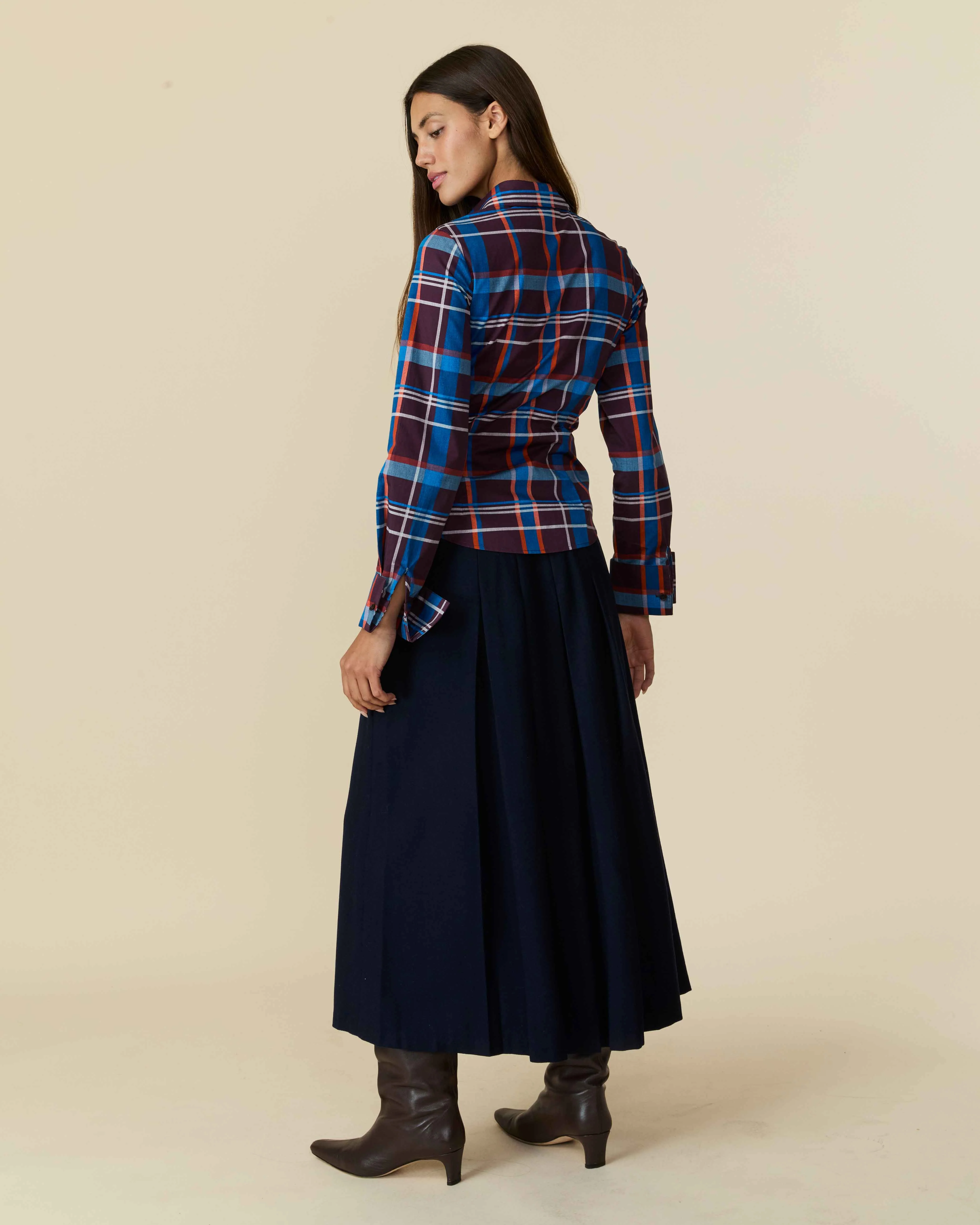 Women's Cotton Poplin Plaid Asymmetrical Button Down Blue Brown Plaid - Image 6