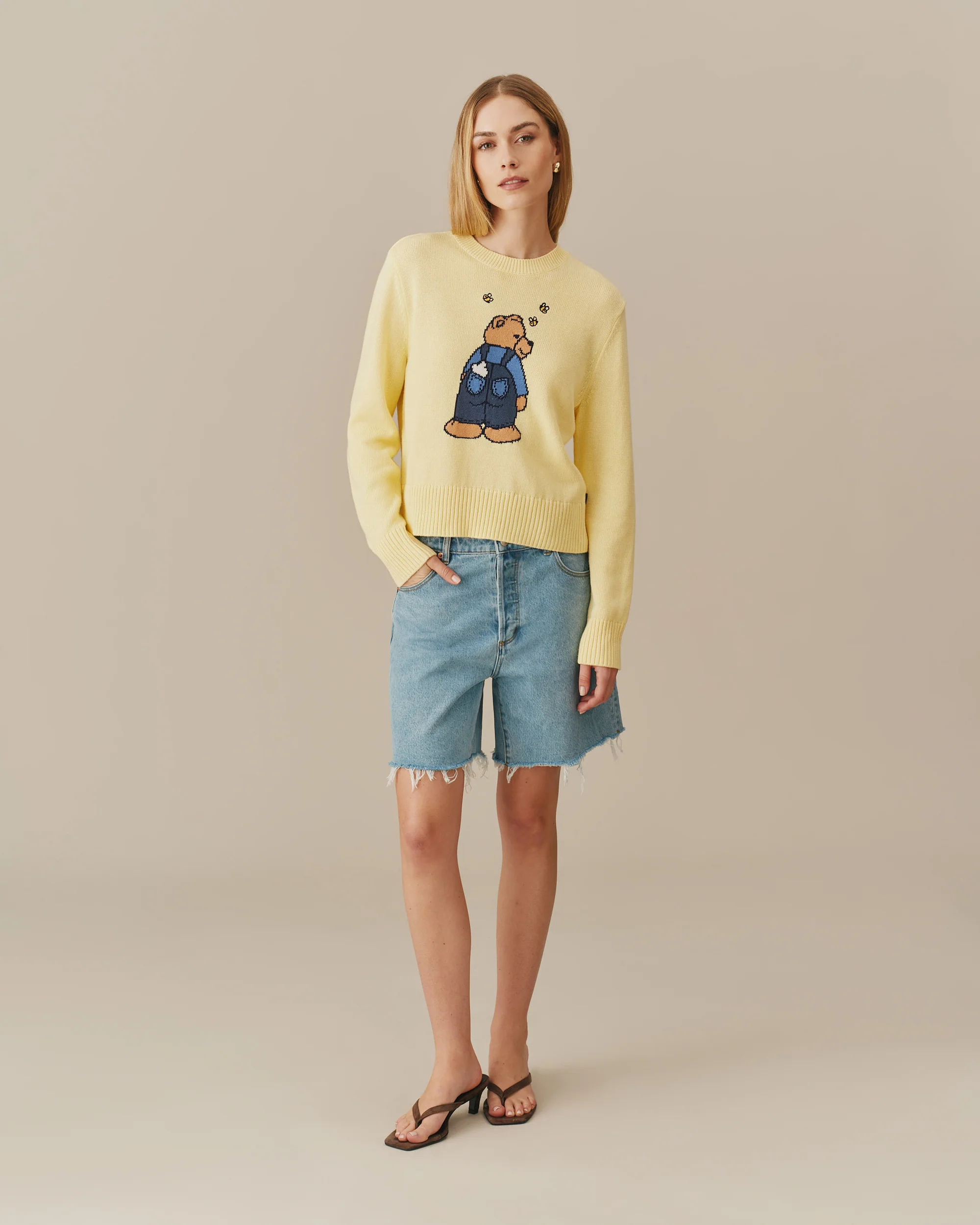 Cotton Ramie Bear & Bees Sweater Yellow - Image 3