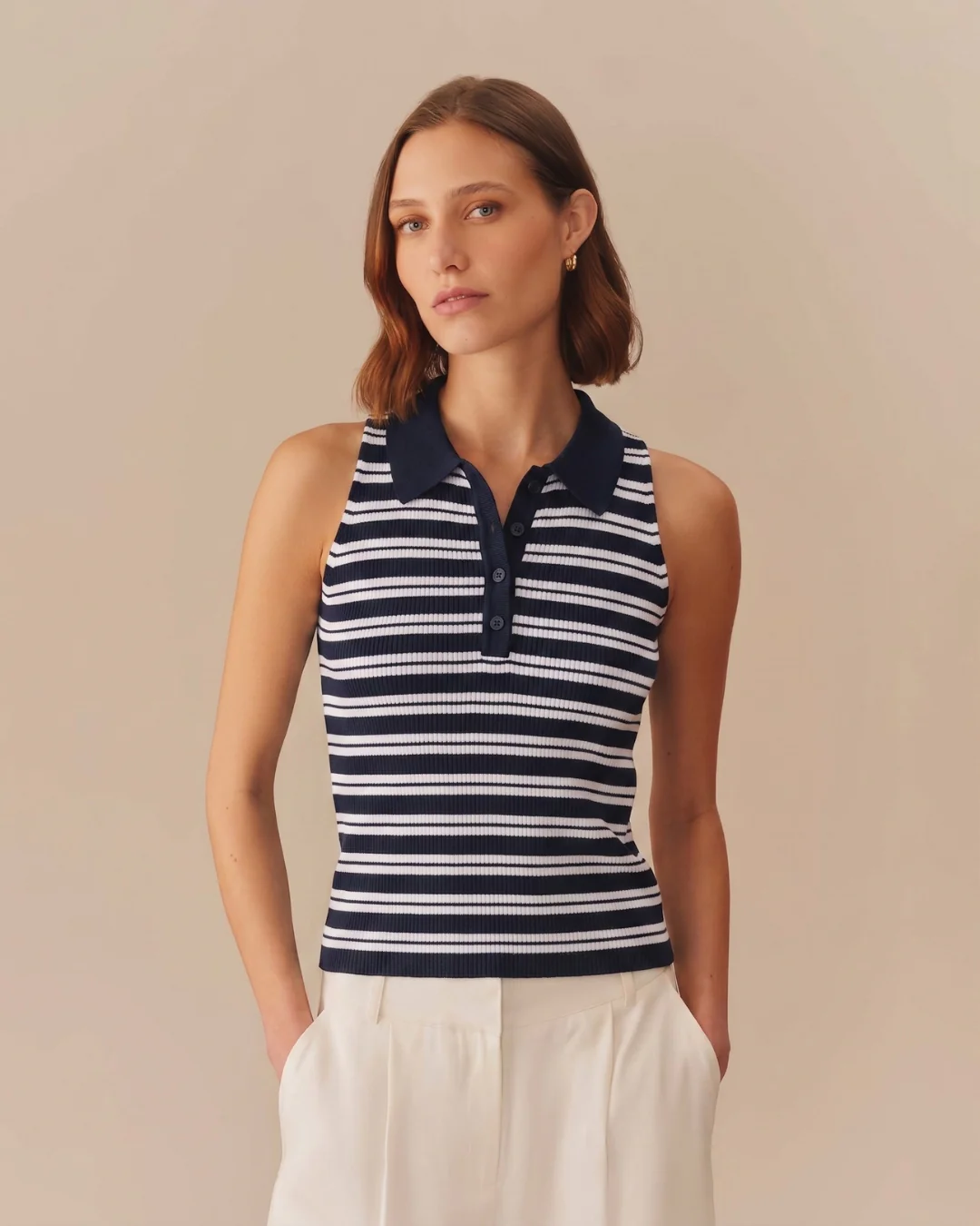 Women's Halter Polo Striped Tank Navy - Image 2