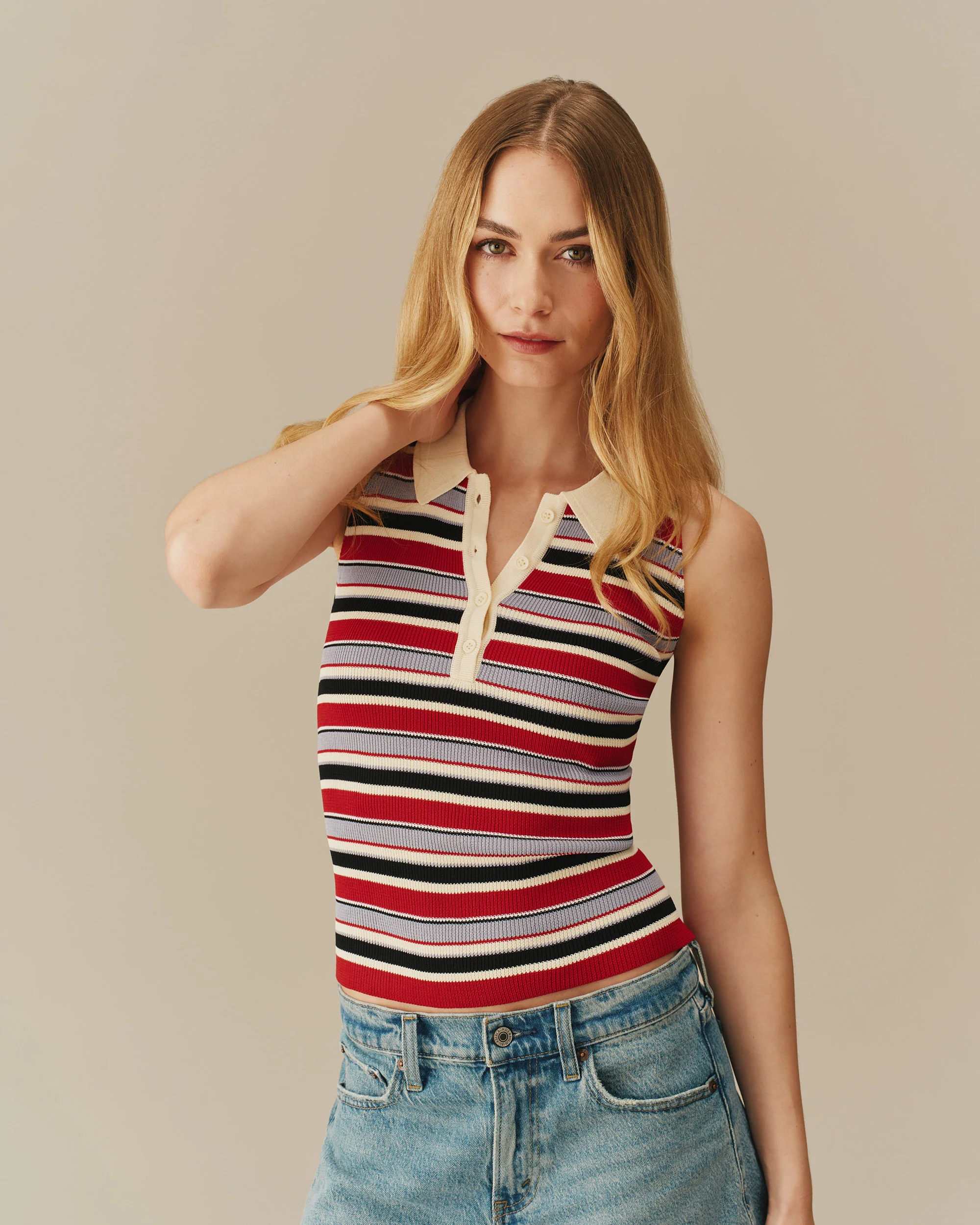 Women's Halter Polo Striped Tank Red - Image 3