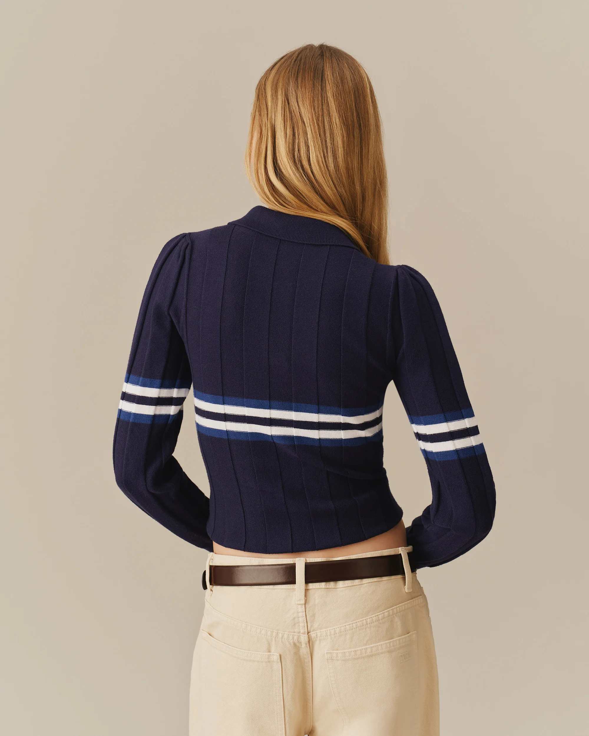 Women's Striped Sweater Polo Navy - Image 5