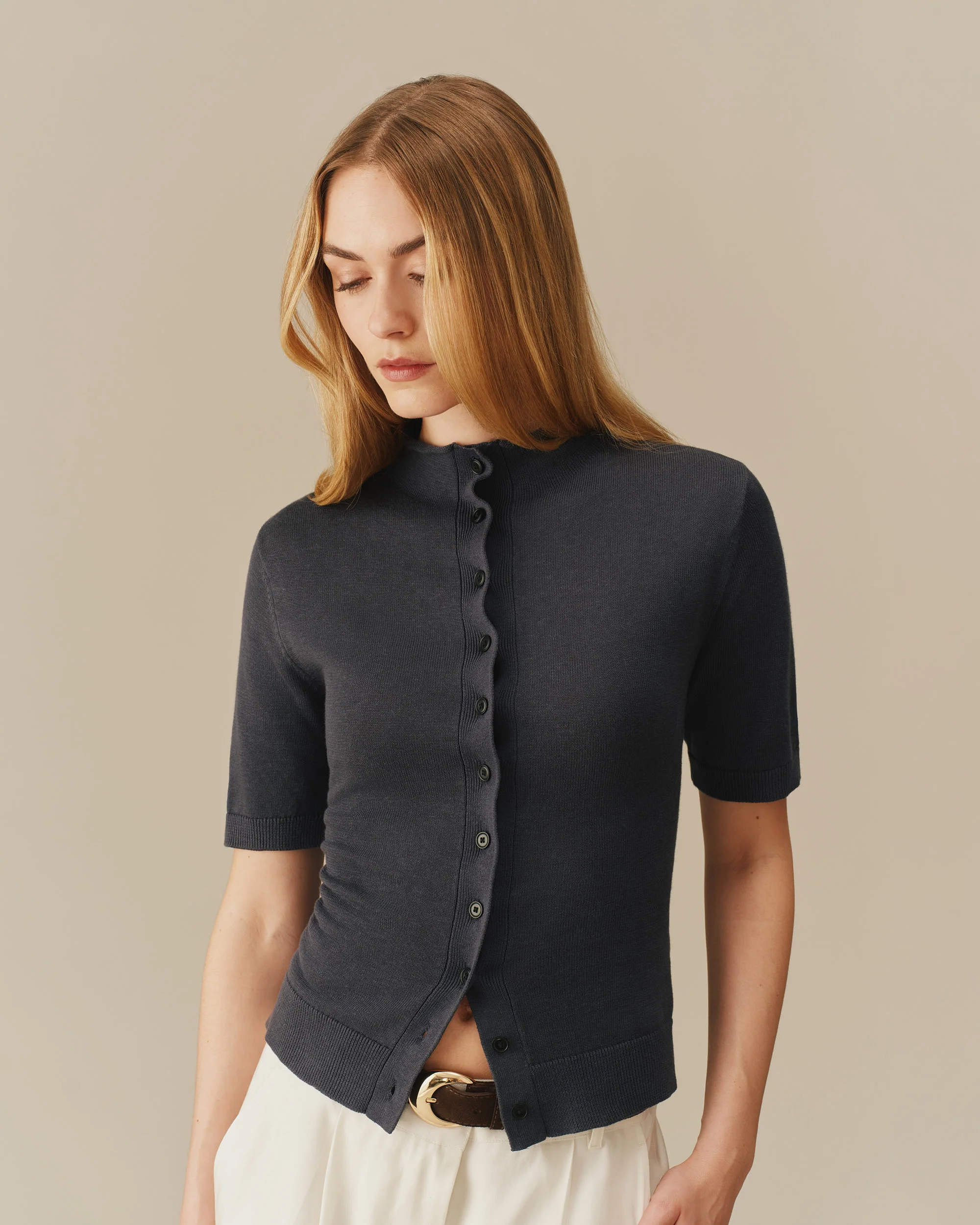 Lightweight Mock Neck Cardigan Navy - Image 3