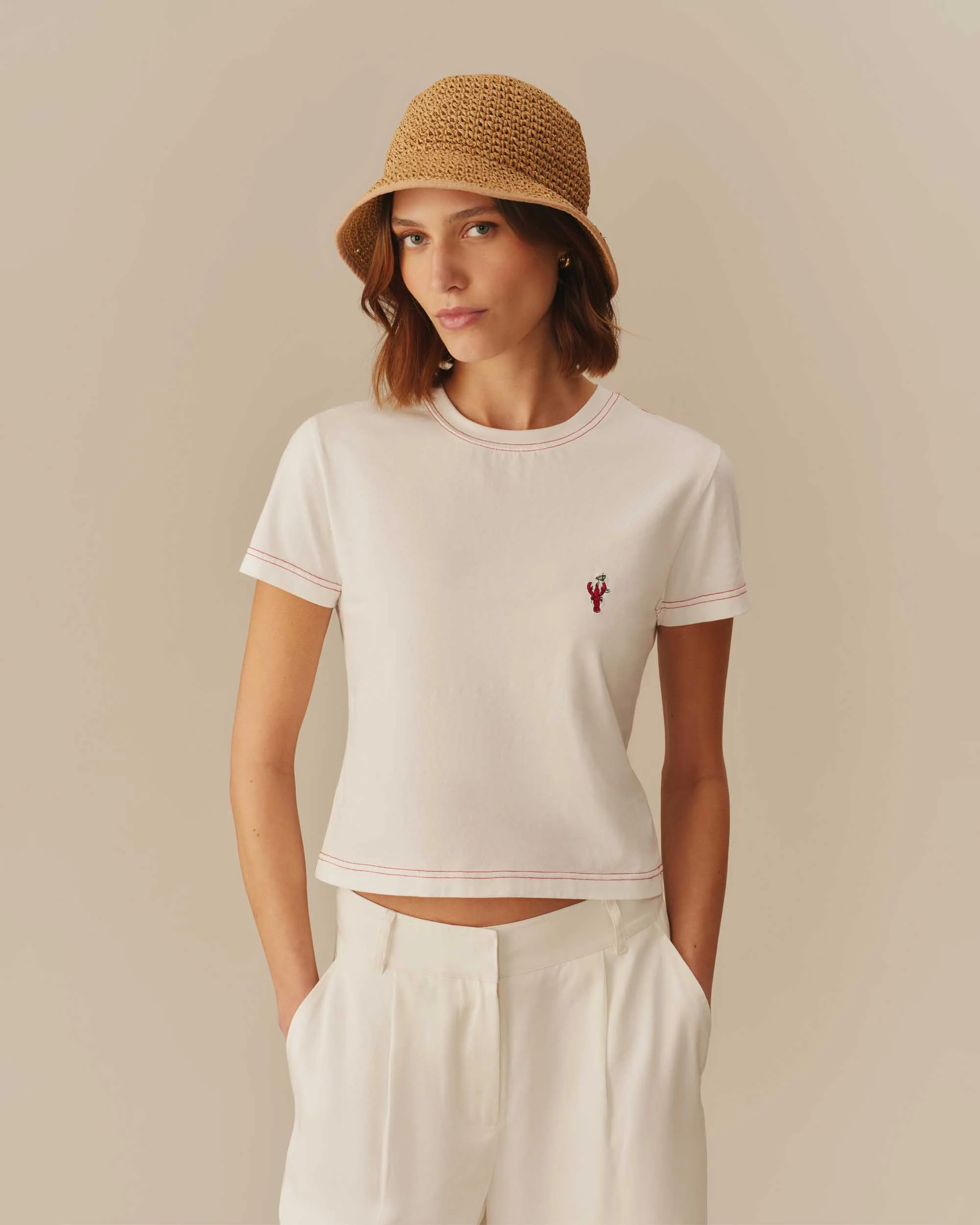 Women's Lobster Embroidered Graphic Tee Cream - Image 2