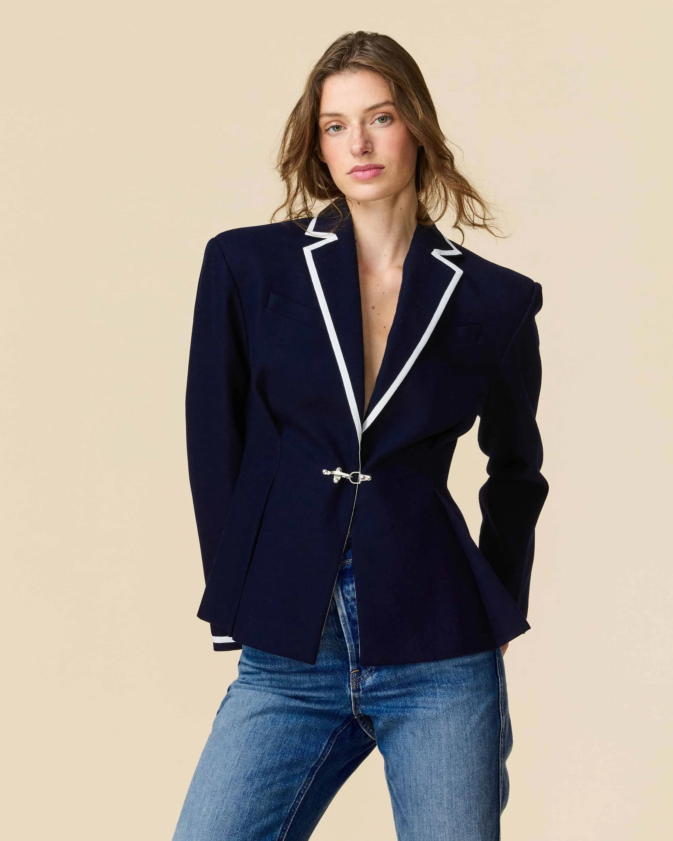 Women's Pleated Blazer with Tipping Navy - Image 3
