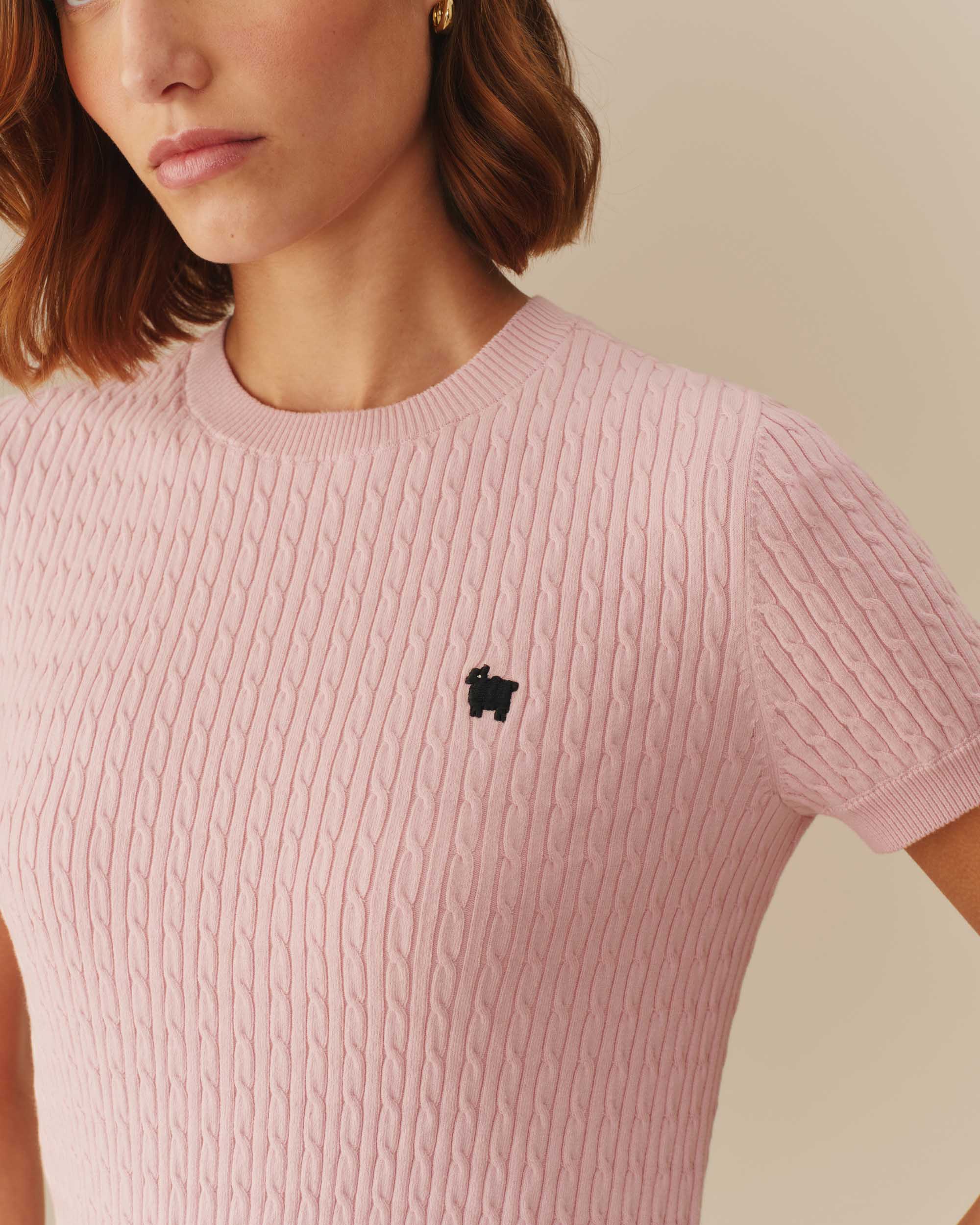 Warm & Wonderful Women's Sheep Cotton Cable Crewneck Sweater Pink - Image 2