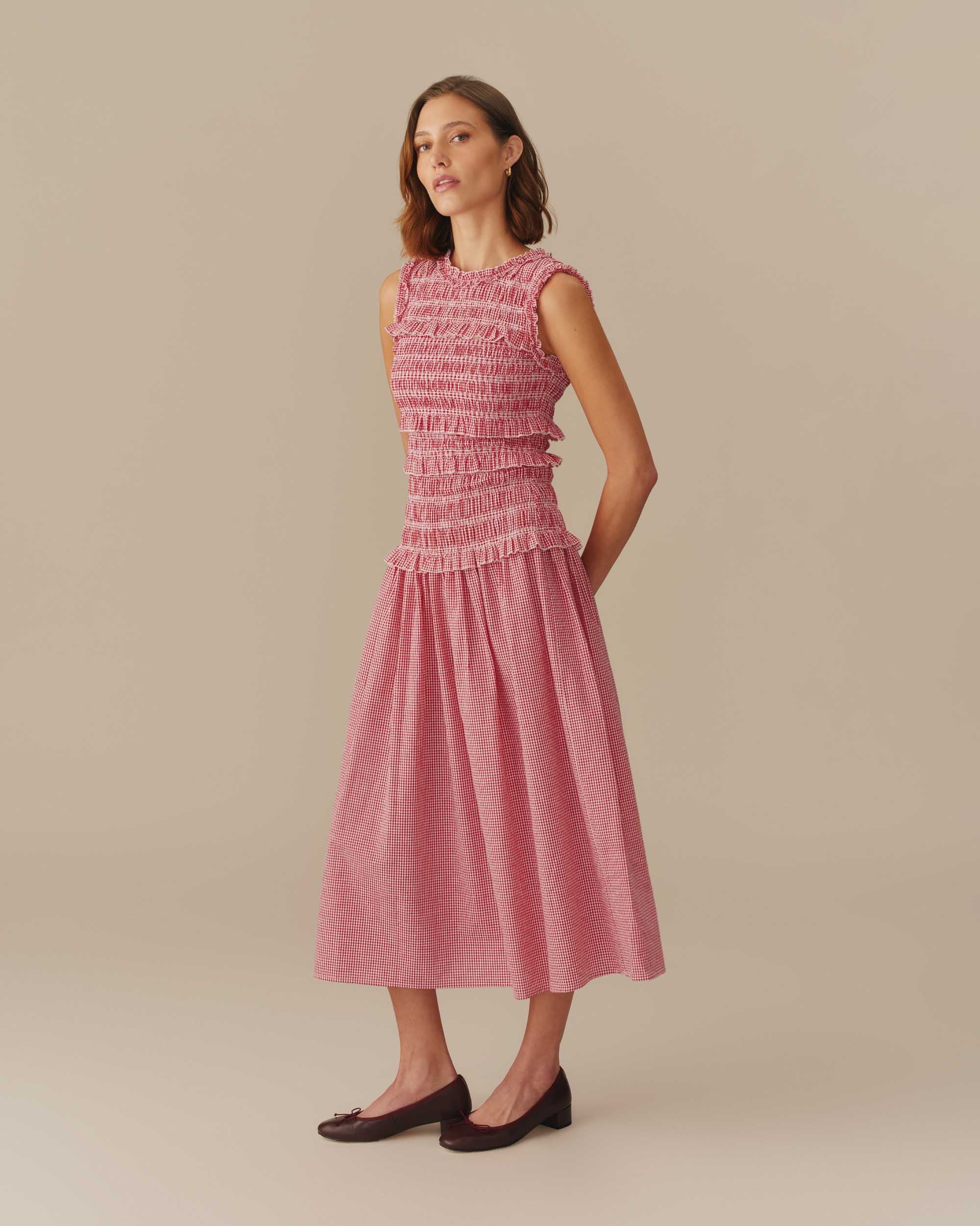 Women's Smocked Gingham Cotton Dress Red - Image 3