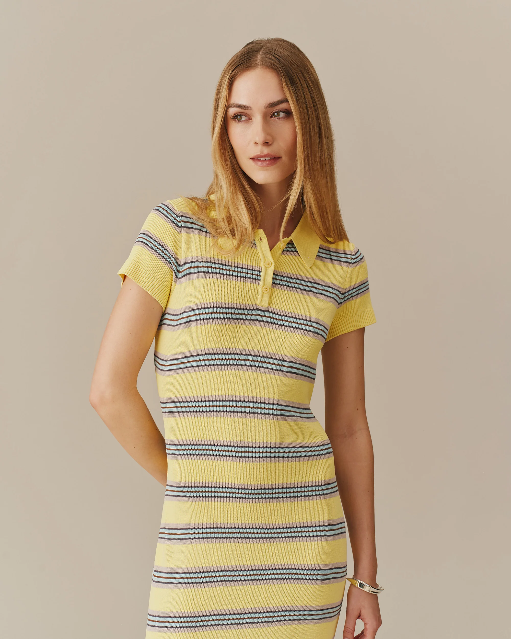 Women's Striped Polo Maxi Dress Yellow Stripe - Image 4