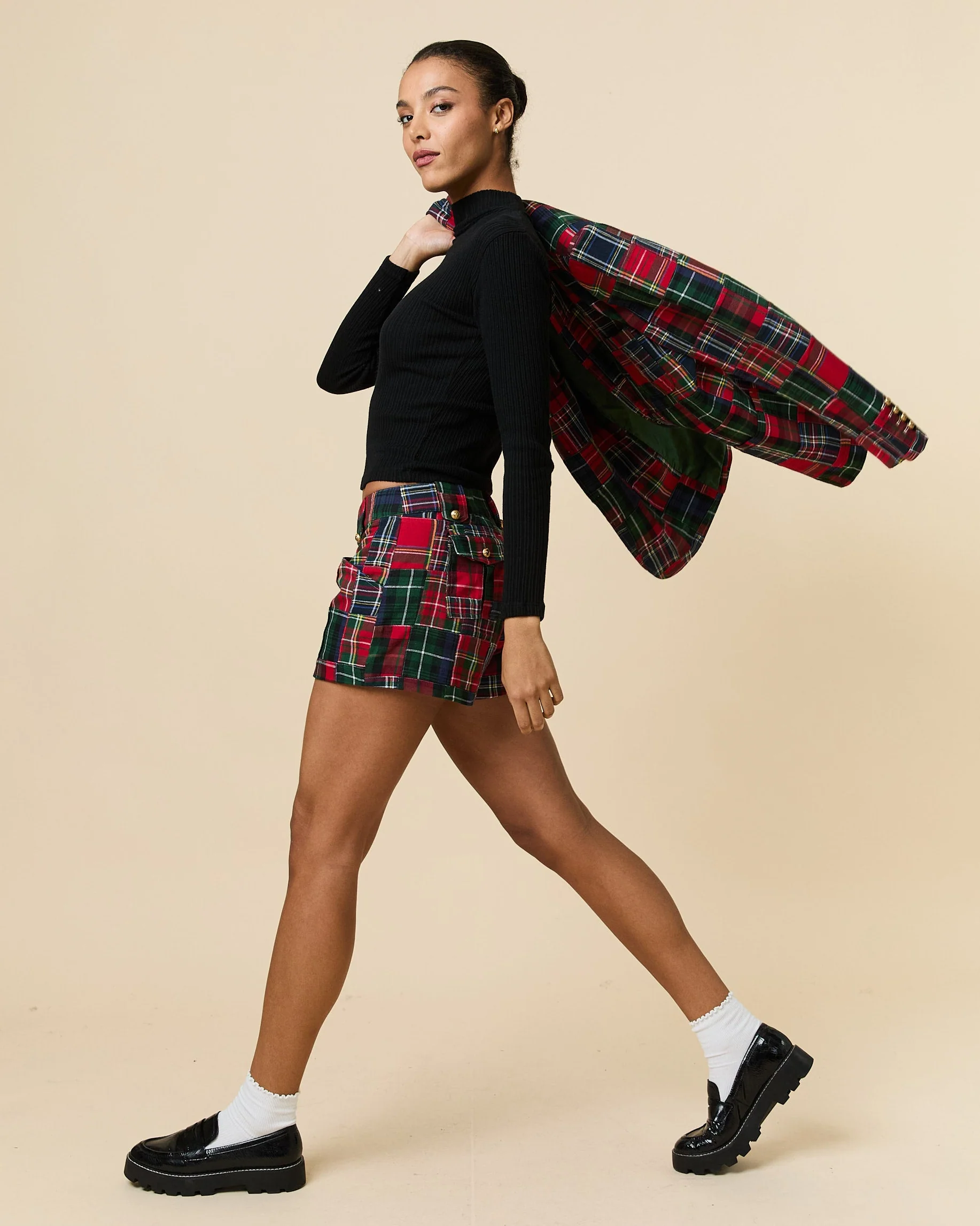 Women's Twill Patchwork Shorts Holiday Patchwork Plaid