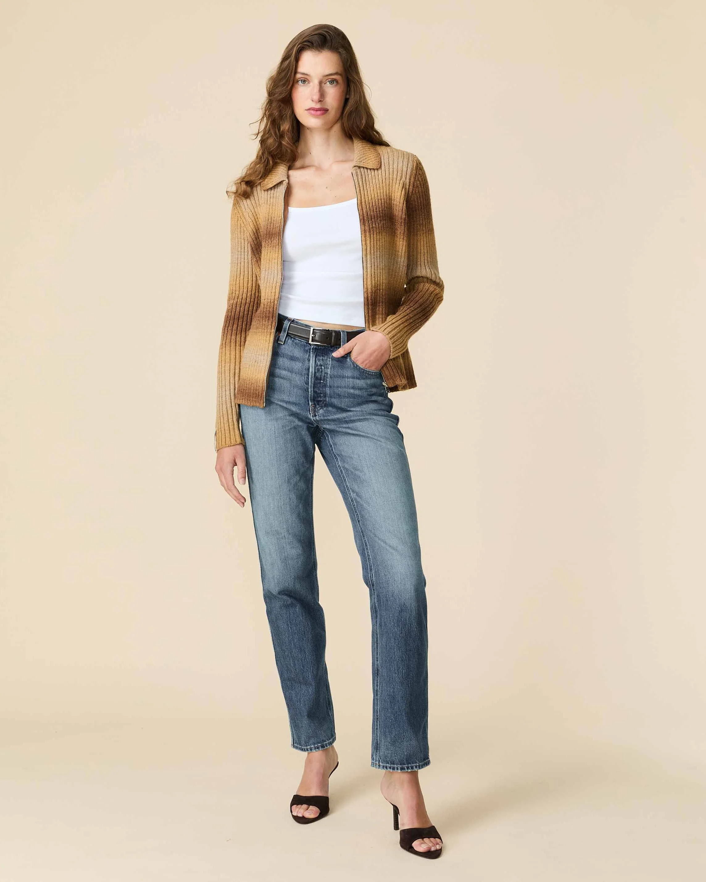 Zip Through Gradient Striped Sweater Brown Gradient - Image 8